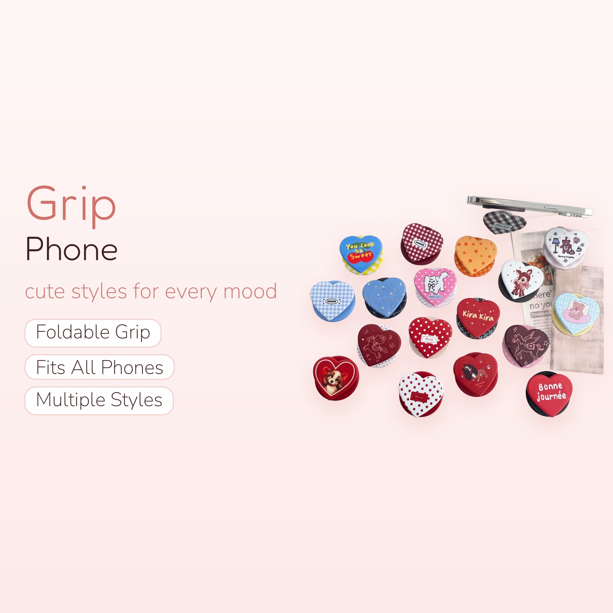 Kawaii Heart Phone Grips | Cute Pop Socket Stands with Various Designs