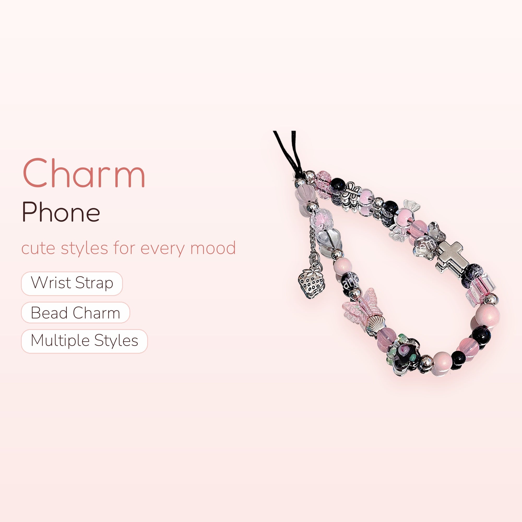 Pink & Black Beaded Phone Charm | Y2K Aesthetic Cross & Butterfly Wrist Strap