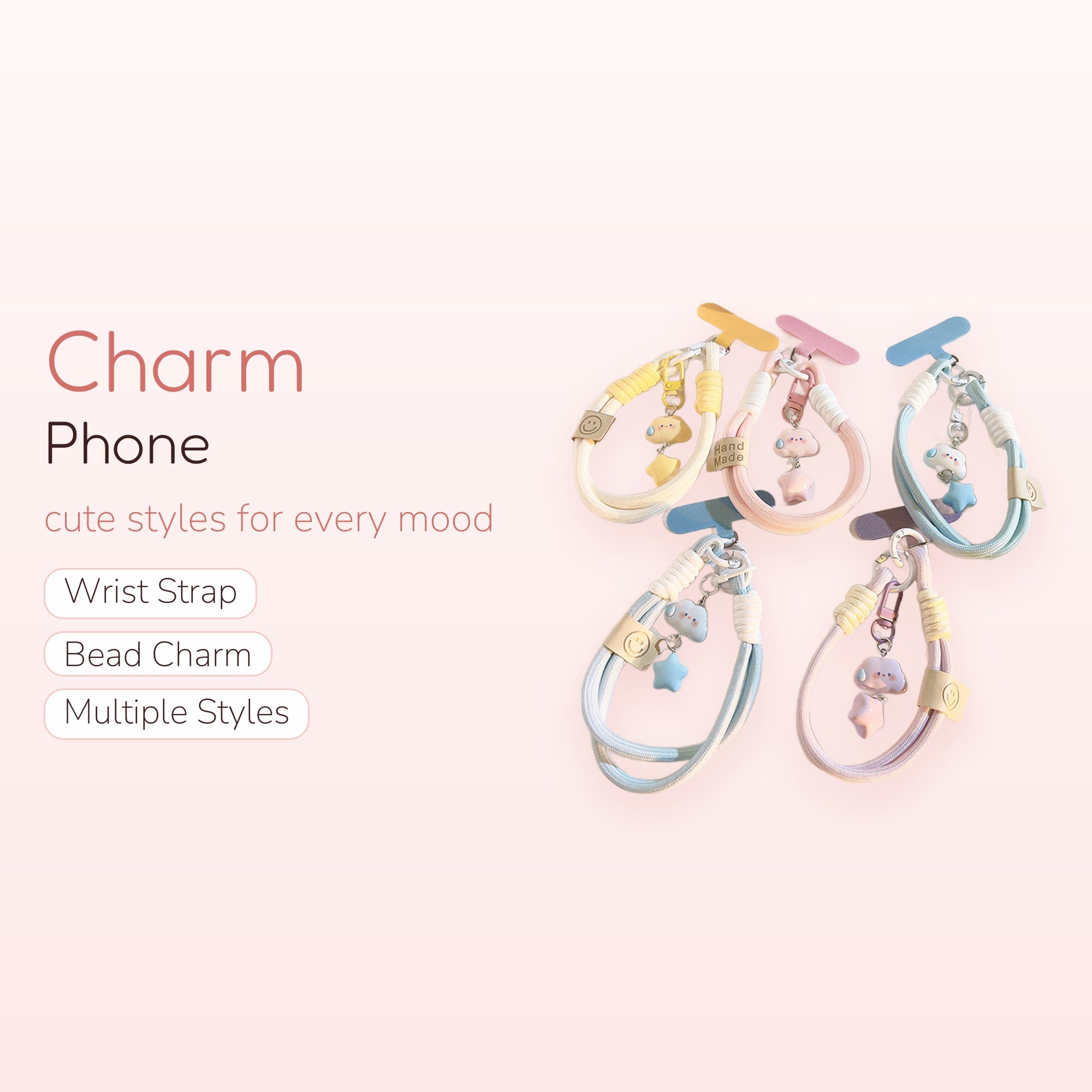 Pastel Cloud & Star Phone Charm Wrist Strap | Cute Braided Lanyard