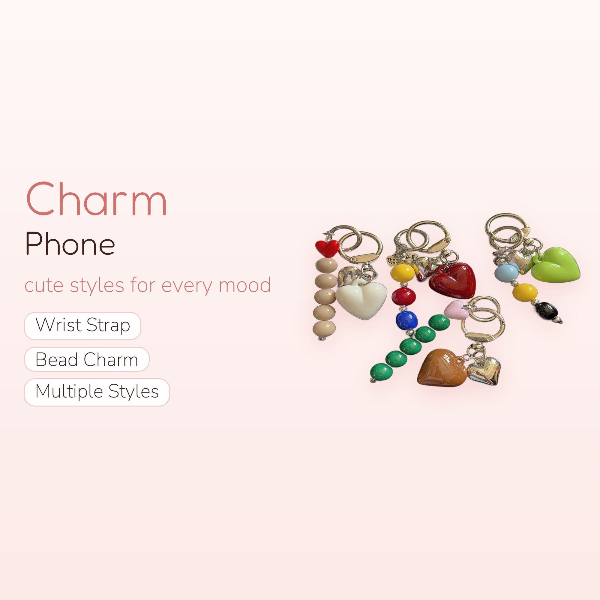 Chunky Heart & Beaded Phone Charm | Kawaii Y2K Aesthetic Keychain Strap