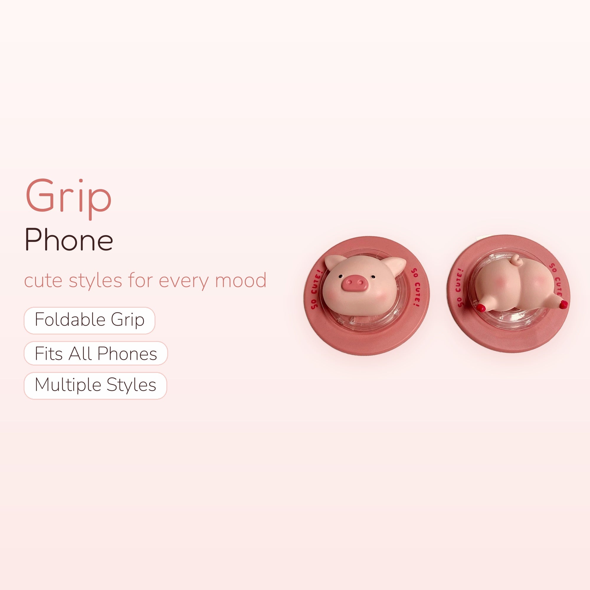 Cute Piggy Phone Grip Set | Kawaii Pink Pig Pop Socket Stand