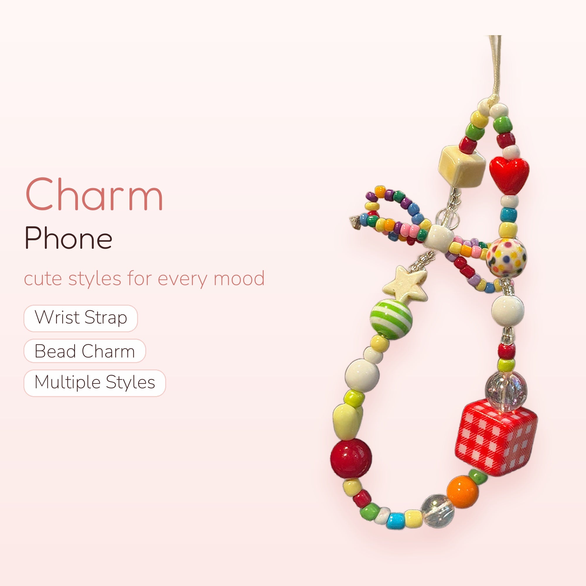 Colorful Beaded Phone Charm Strap | Kawaii Y2K Aesthetic Wrist Lanyard with Hearts & Stars