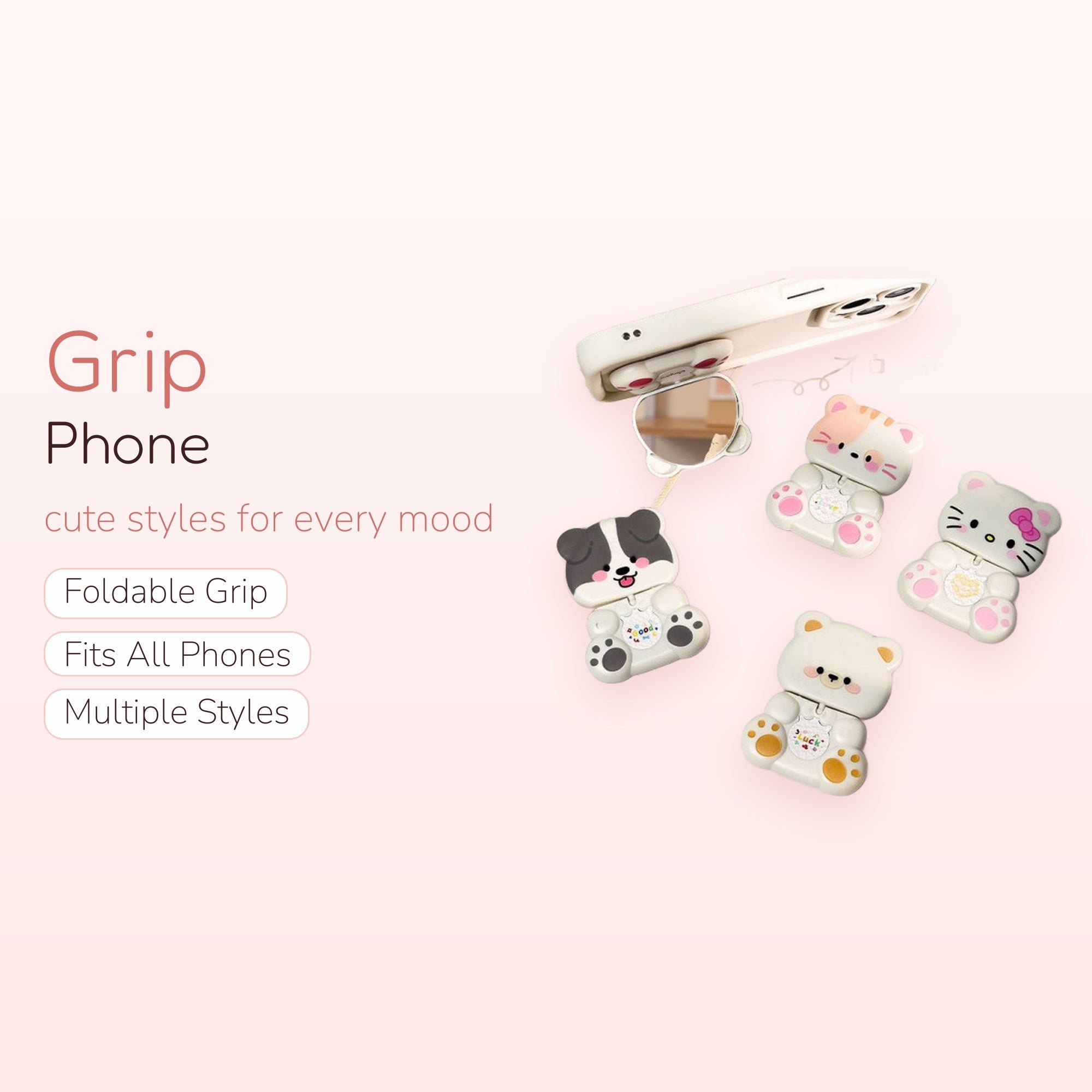 Cute Animal Face Phone Grip with Mirror | Kawaii Foldable Pop Socket Stand