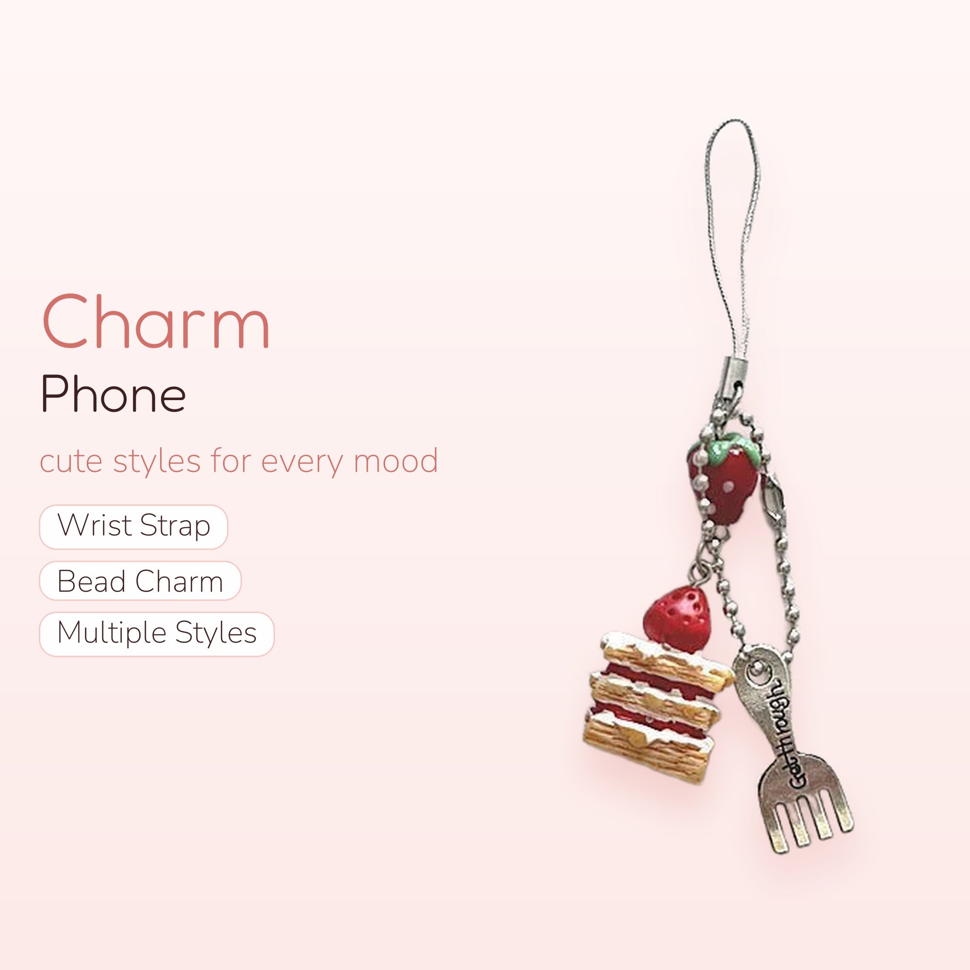 Cute Strawberry & Cake Phone Charm | Aesthetic Dessert Foodie Phone Strap