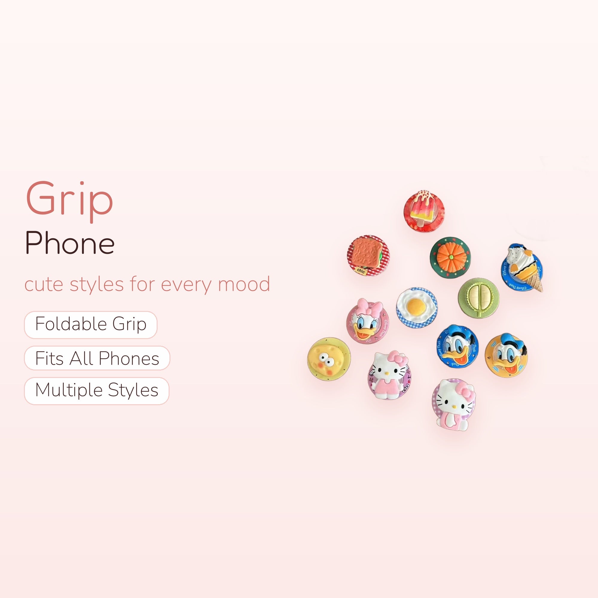 Assorted Food & Cartoon Character Phone Grips | Kawaii Pop Socket Stand Collection