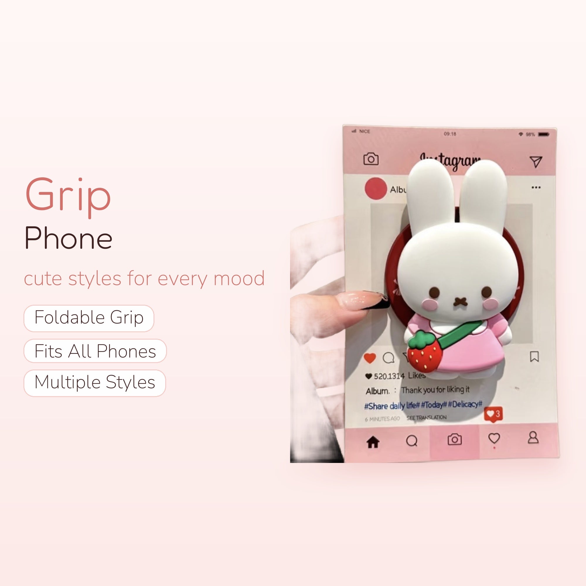 Kawaii White Bunny Phone Grip | Cute Strawberry Pop Socket Stand