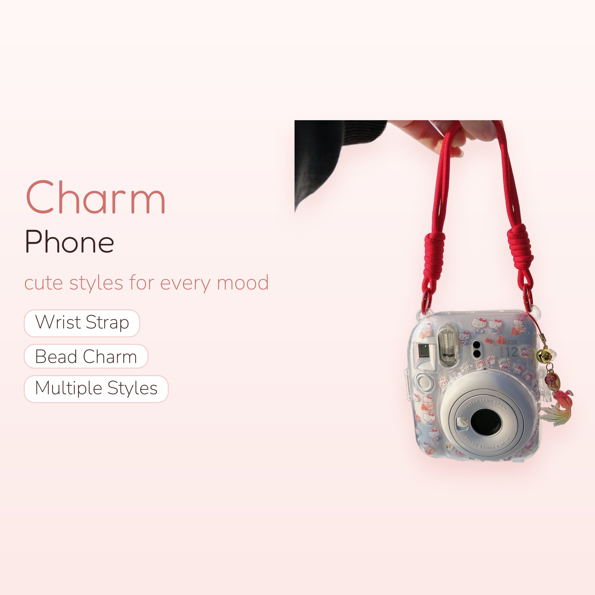 Kawaii Hello Kitty Clear Camera Case with Red Rope Strap | Cute Fish Charm Lanyard