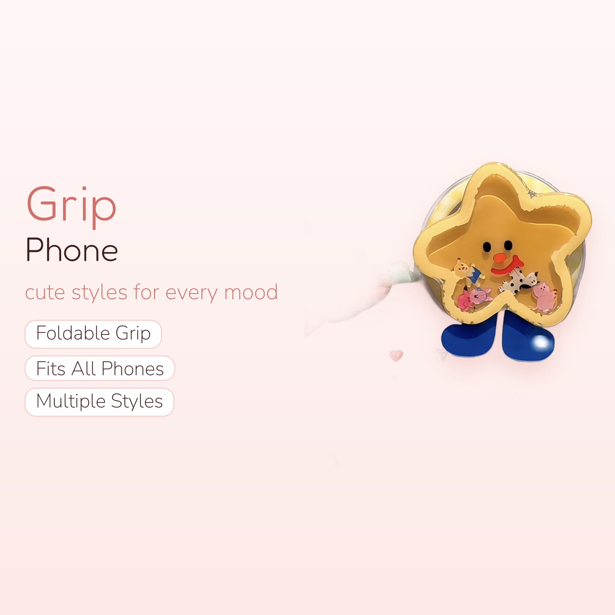 Cute Yellow Star Phone Grip with Mini Animal Charms | Kawaii Pop Socket Stand