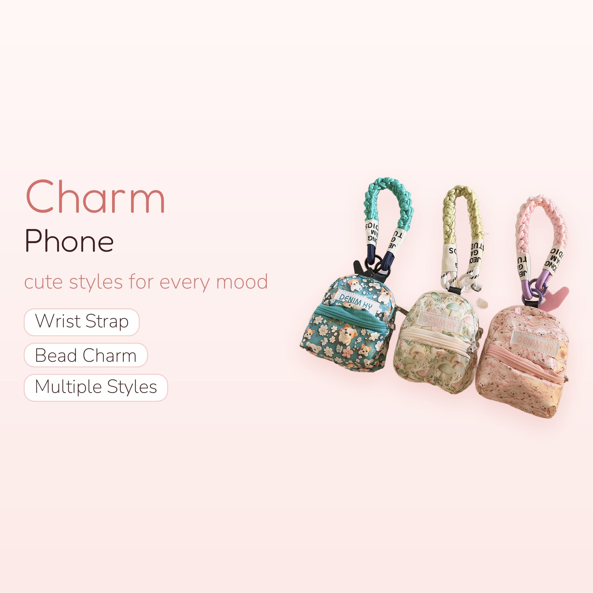 Kawaii Mini Backpack Phone Charm | Cute Patterned Wrist Strap Keychain