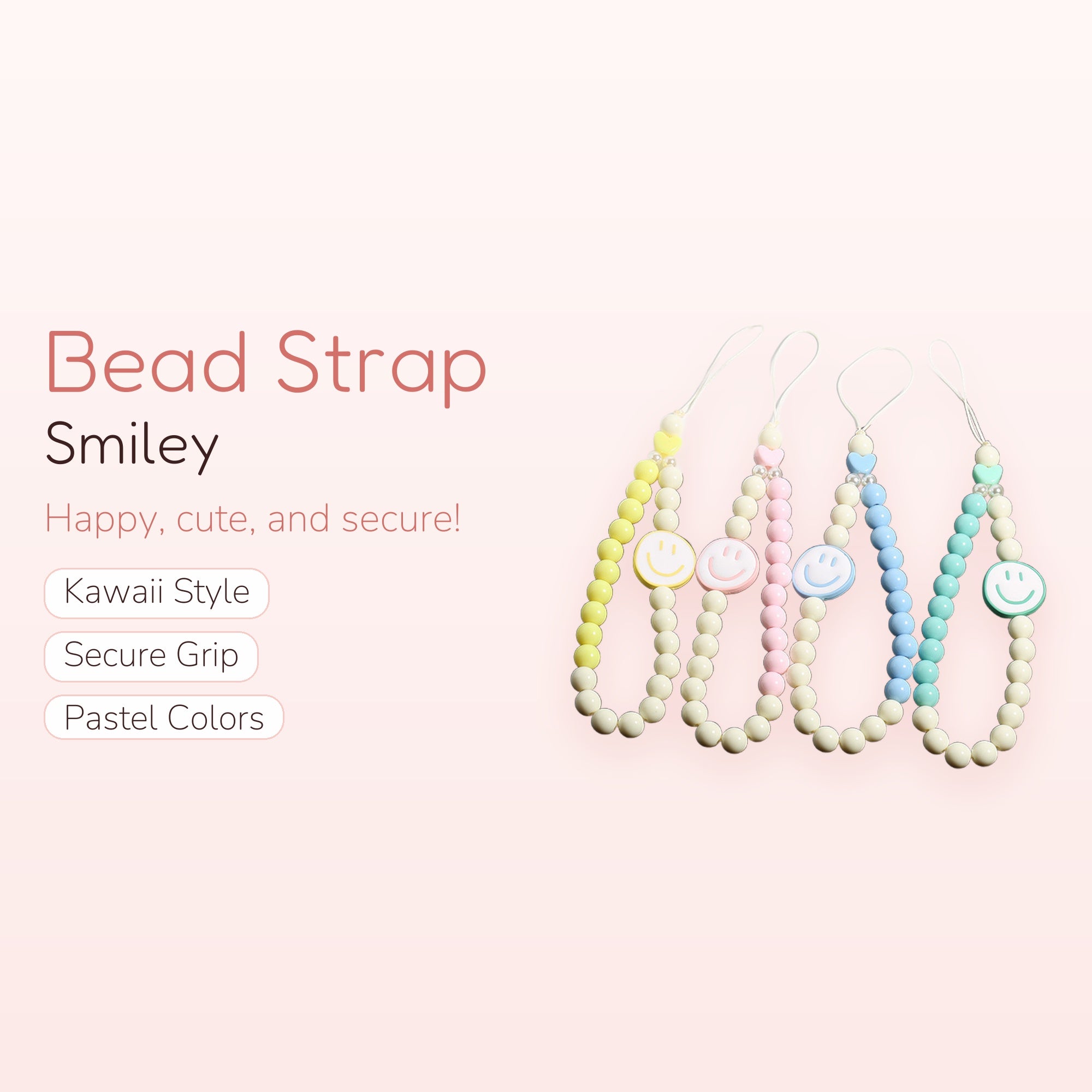 Kawaii Smiley Face Beaded Phone Charm Strap | Pastel Wrist Lanyard | Cute Y2K Aesthetic | Gift for Her | Trendy Phone Accessory