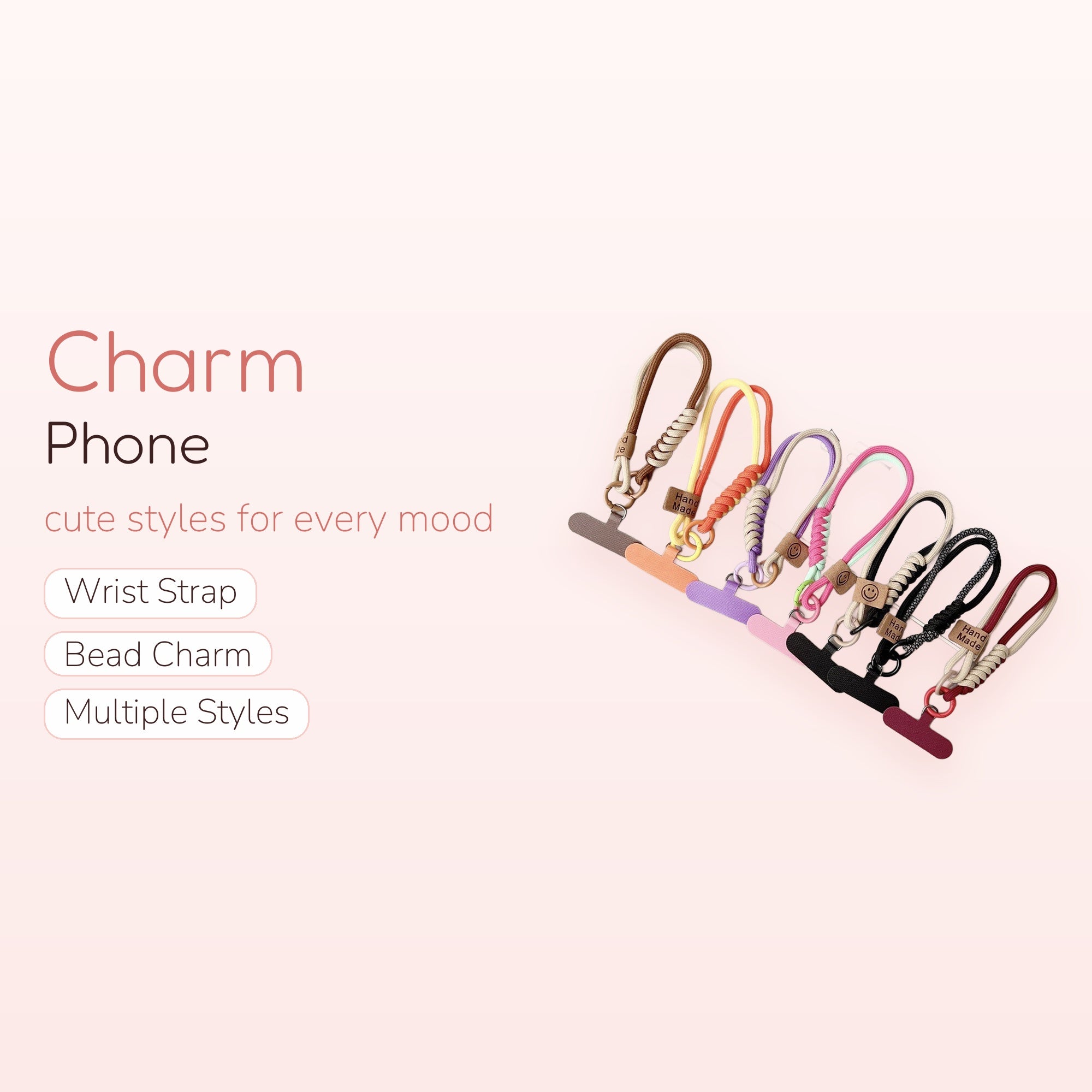 Braided Rope Phone Charm Strap | Colorful Hand-Woven Wrist Lanyard with Smiley Face Tag
