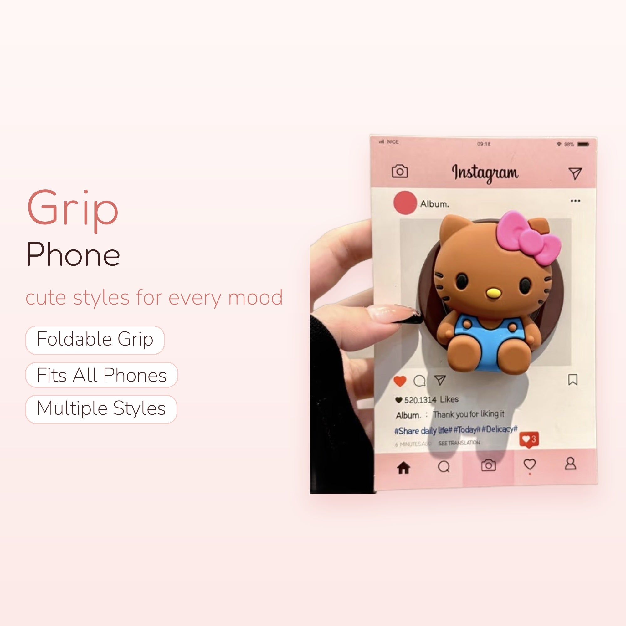 Cute Hello Kitty Instagram Phone Grip | Kawaii Brown Kitty Pop Socket Stand