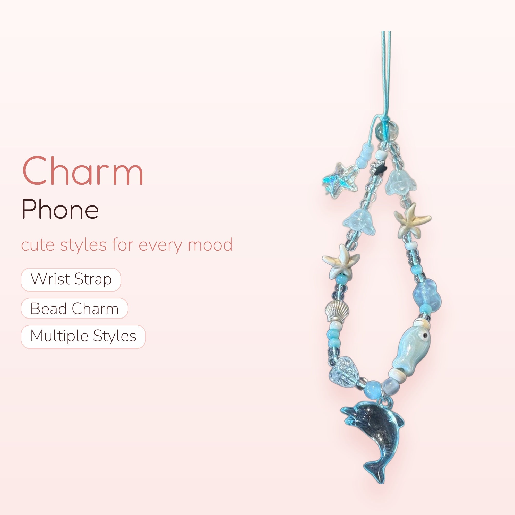 Aesthetic Ocean Blue Dolphin Phone Charm | Beaded Starfish & Shell Wrist Strap