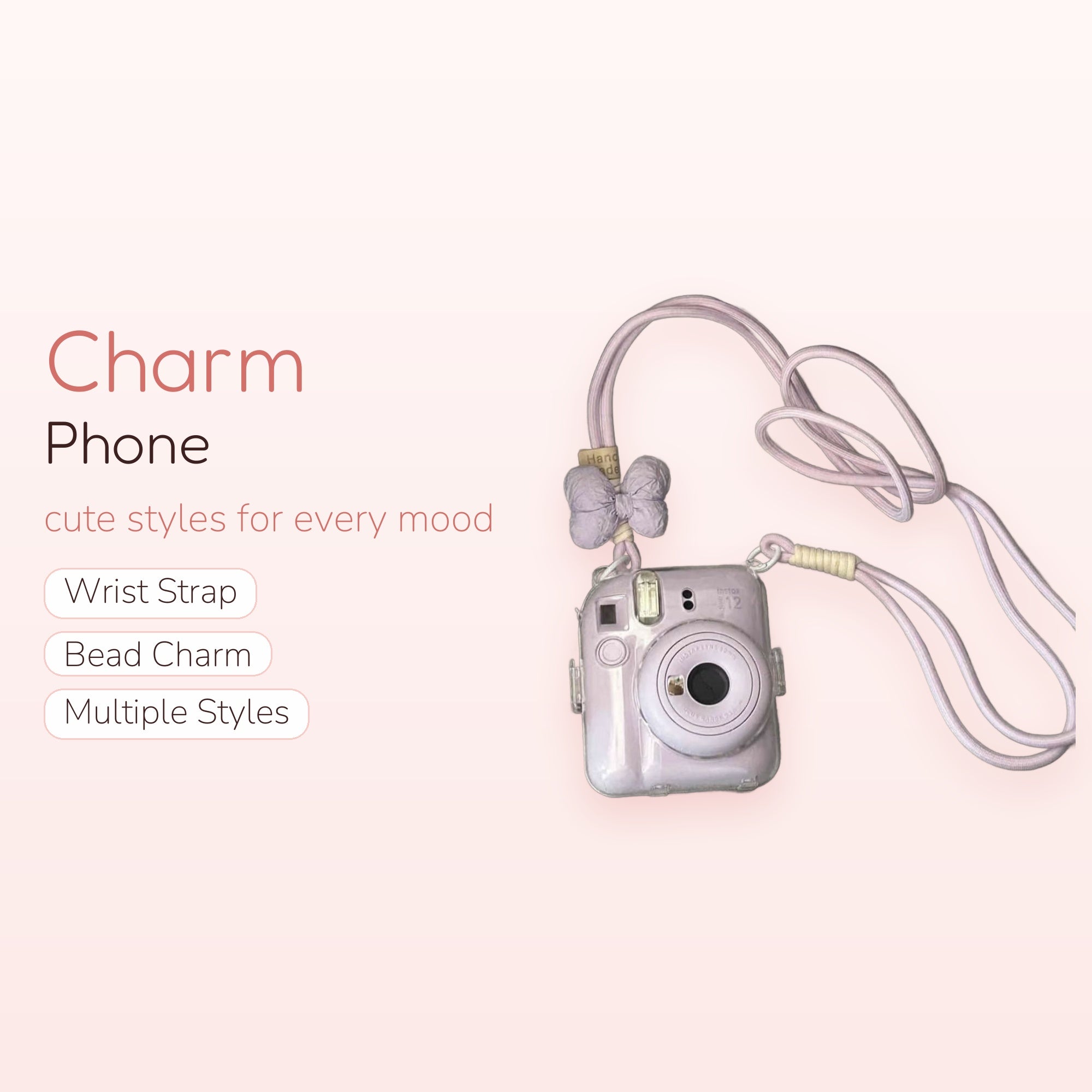 Lilac Bow & Handmade Tag Camera Lanyard | Cute Pastel Instax Mini Strap