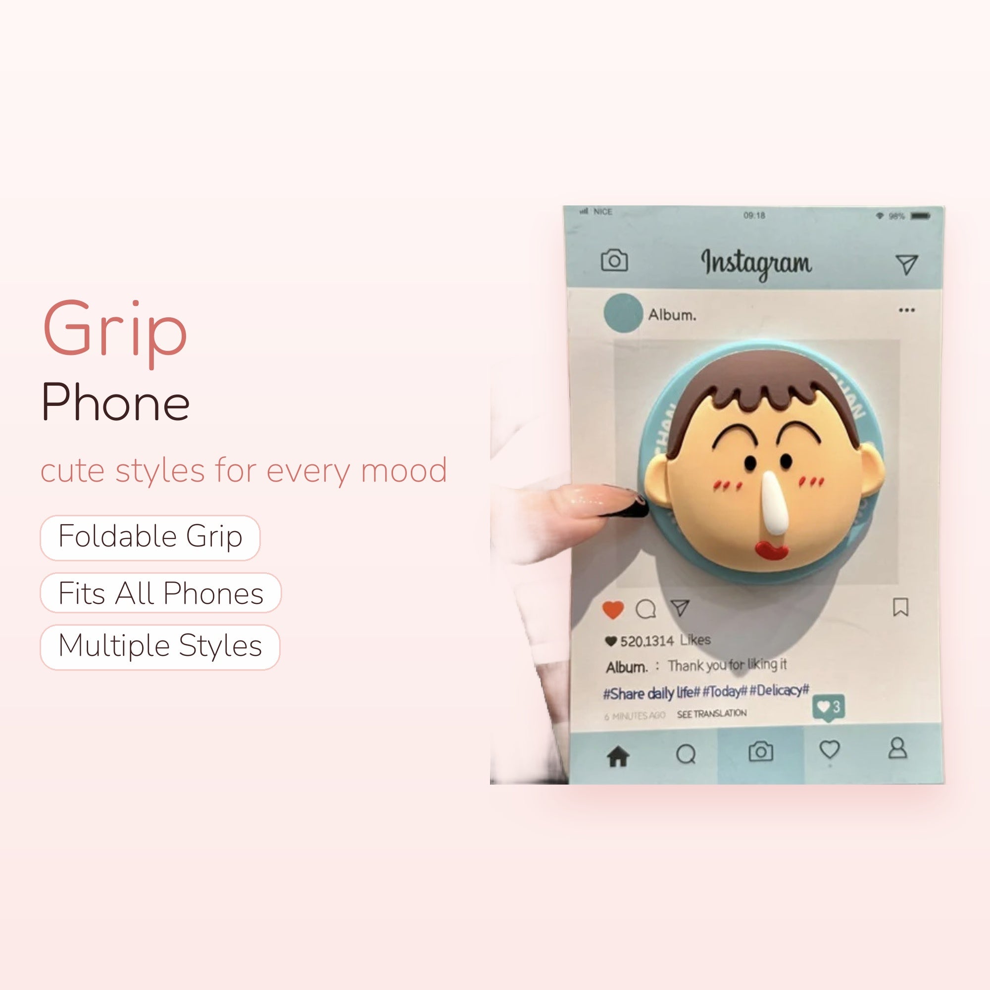 Cute Cartoon Boy Face Phone Grip | Kawaii Pop Socket Stand for Phones