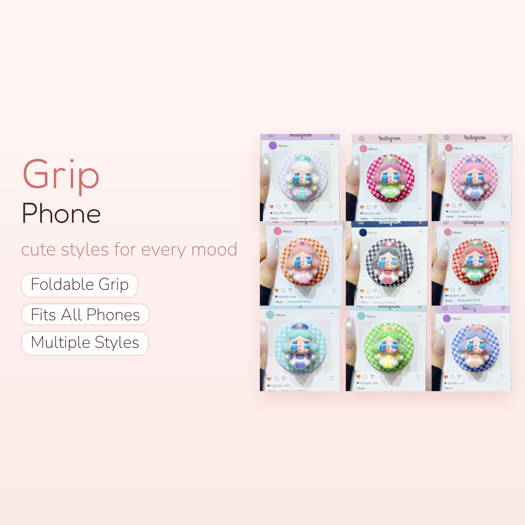 Kawaii Crying Girl Phone Grip | Pastel Gingham Pop Socket Stand