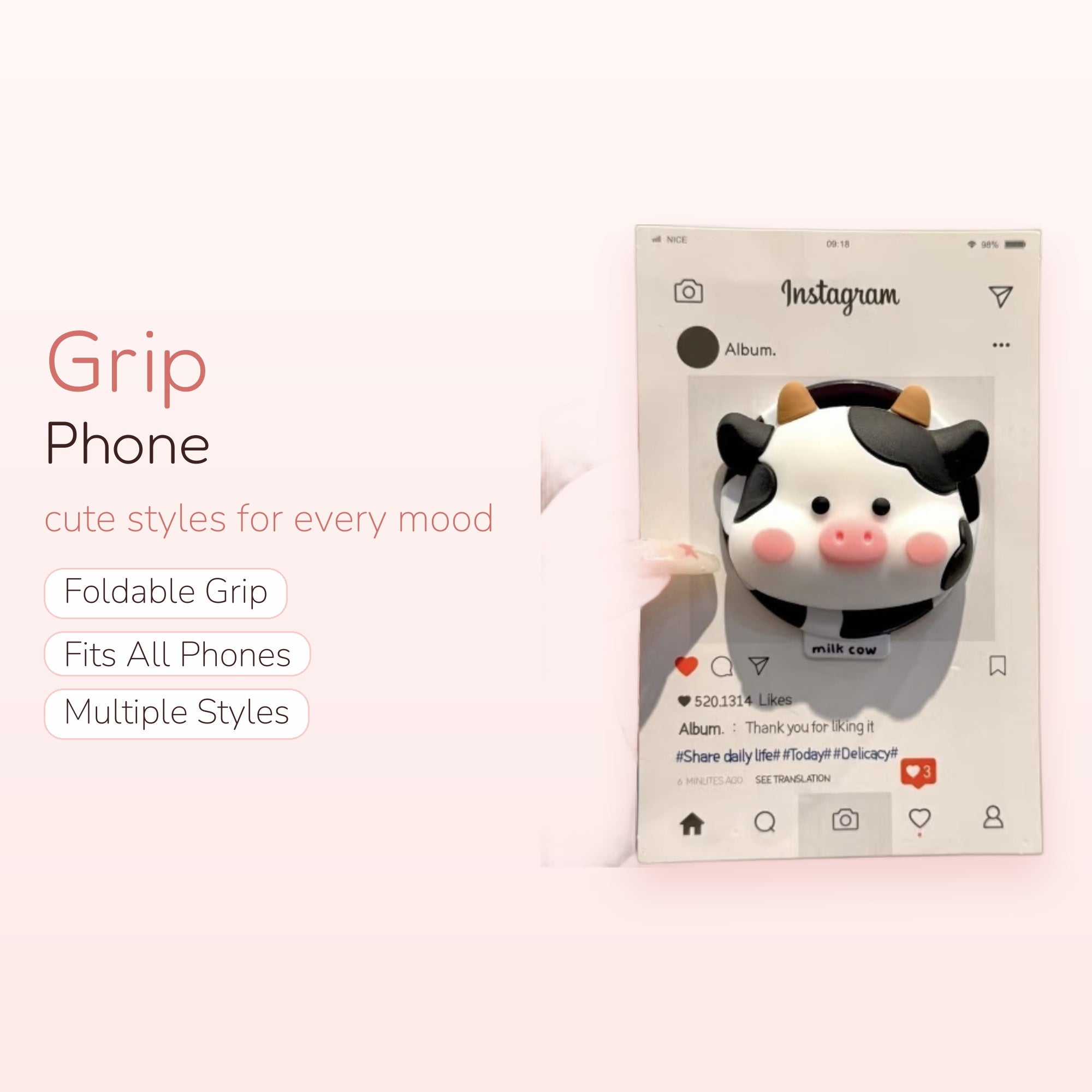 Cute Cow Phone Grip | Kawaii Black & White Animal Pop Socket Stand