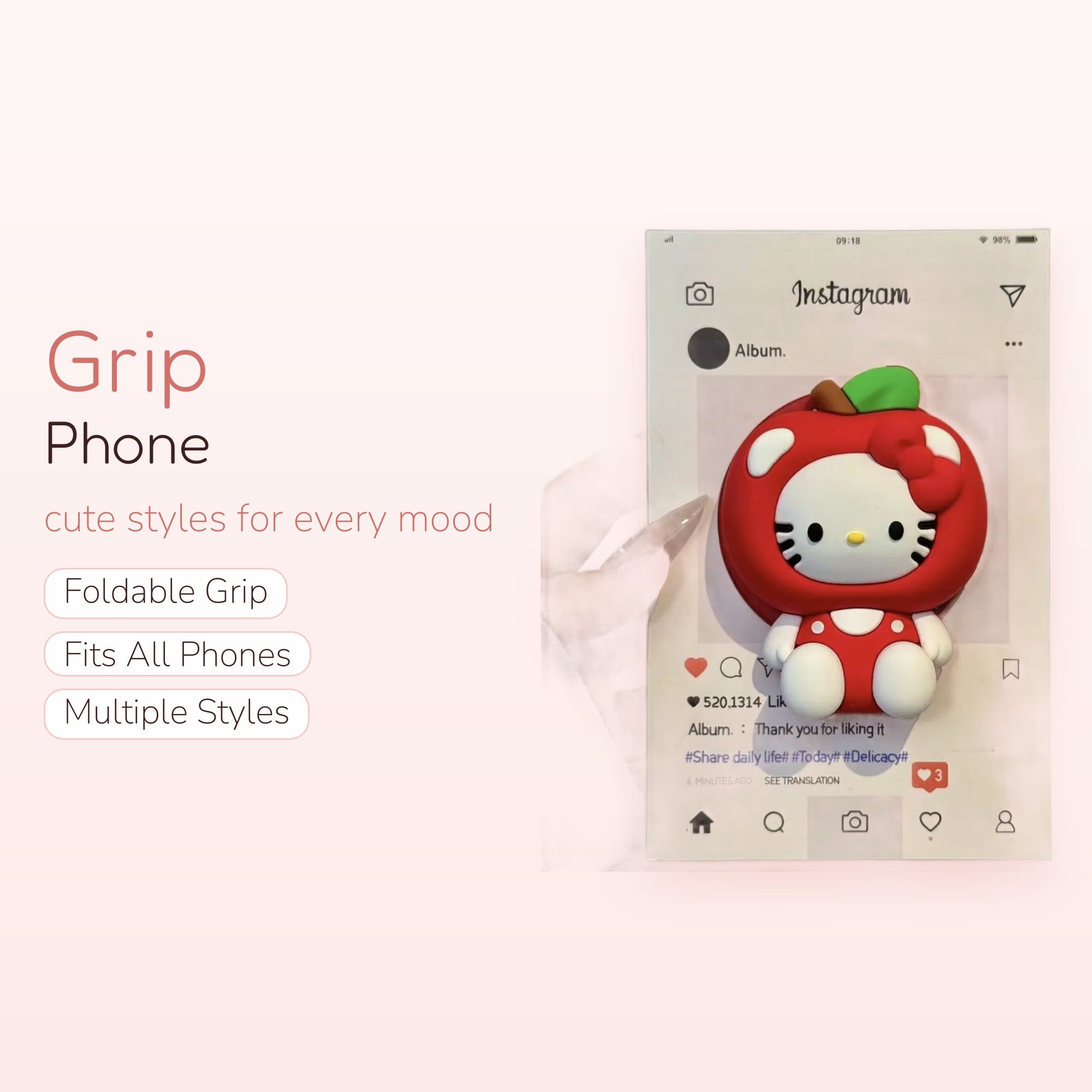 Cute Hello Kitty Apple Phone Grip | Kawaii Red Fruit Pop Socket Stand
