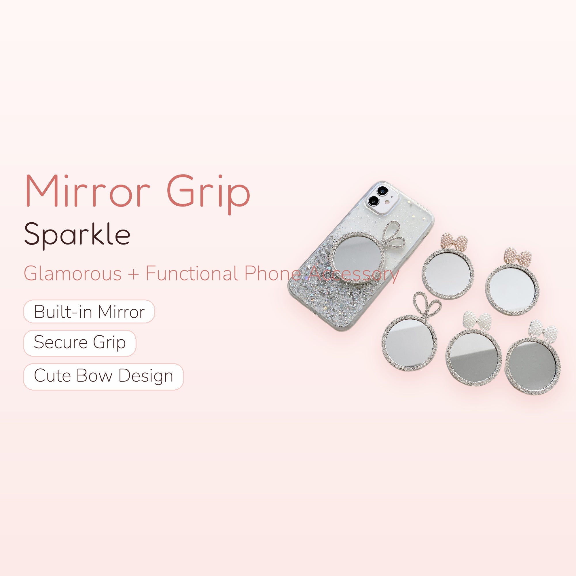 Sparkle Mirror Phone Grip | Rhinestone Bow Phone Stand | Kawaii Phone Accessory | Cute Pop Socket | Gift for Her