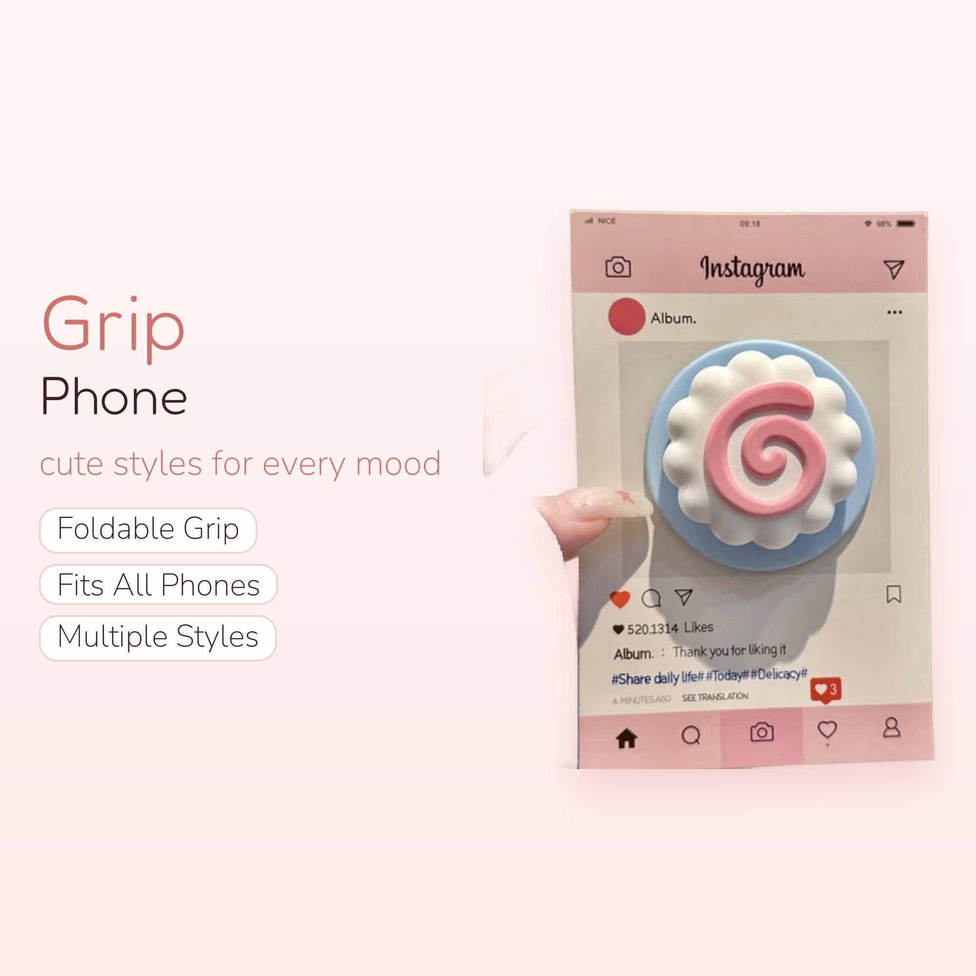 Cute Pink Swirl Cloud Phone Grip | Kawaii Pastel Blue Pop Socket Stand