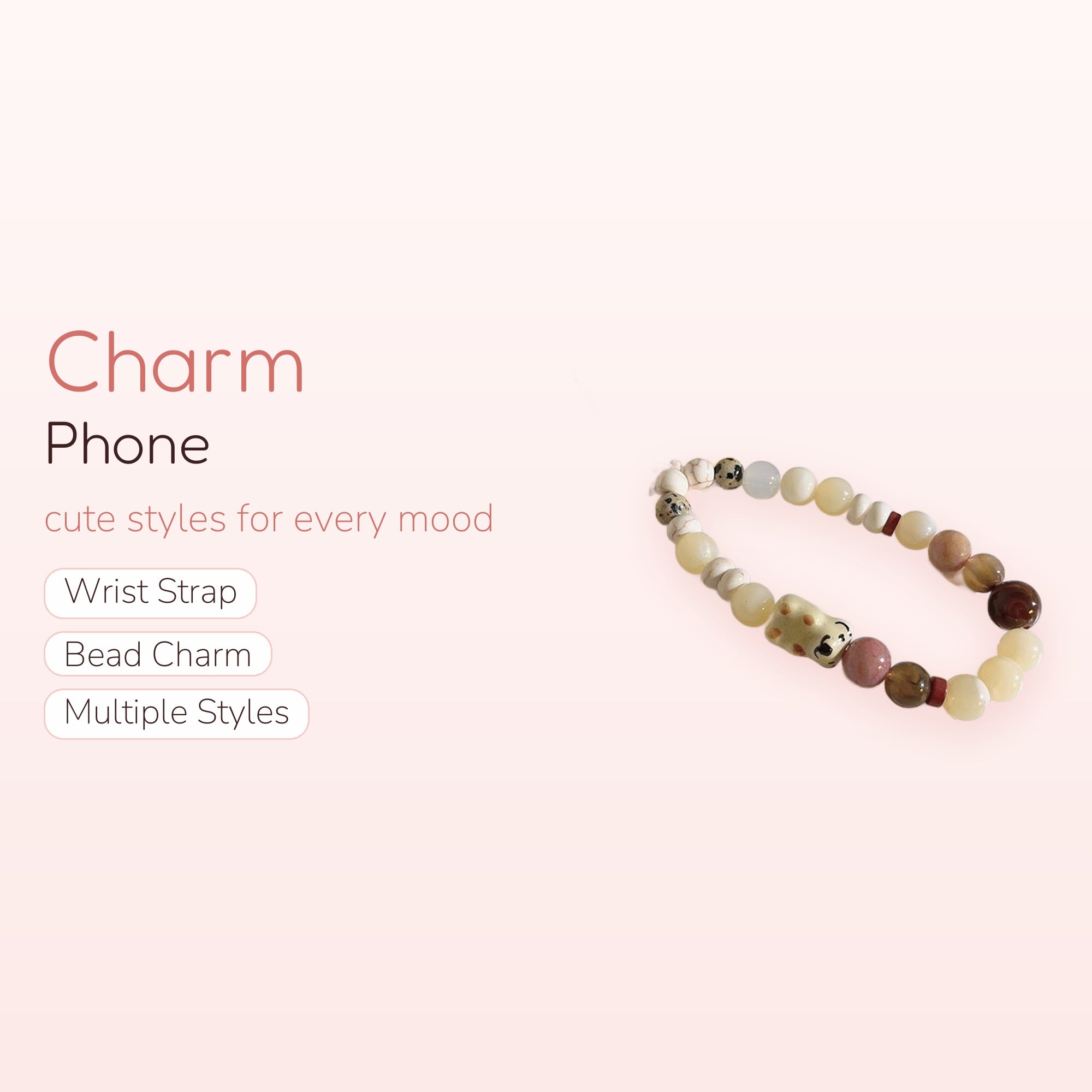 Kawaii Beaded Phone Charm Strap | Pastel Yellow & Pink Wrist Lanyard with Cute Face Bead