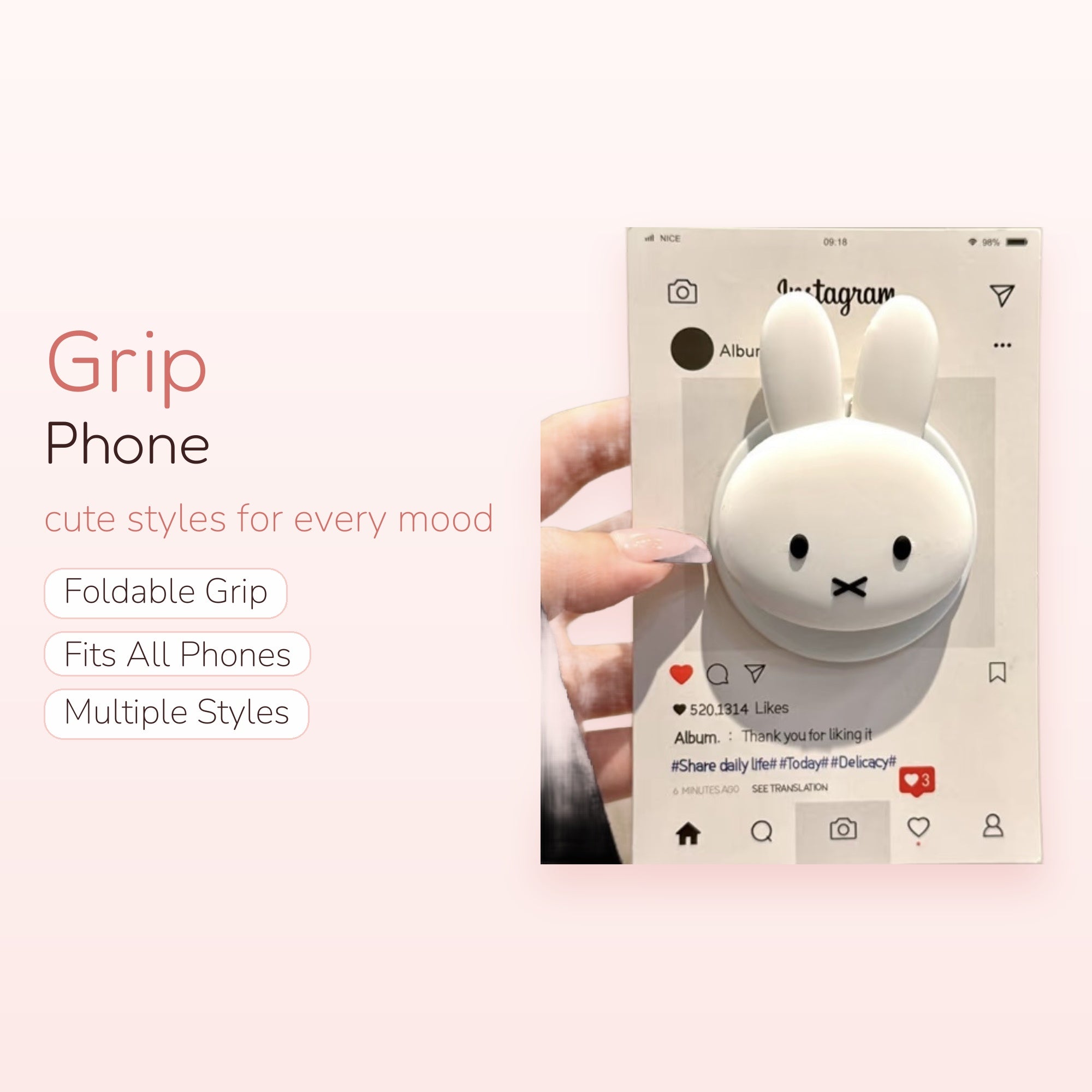 Cute White Miffy Bunny Phone Grip | Kawaii Pop Socket Stand