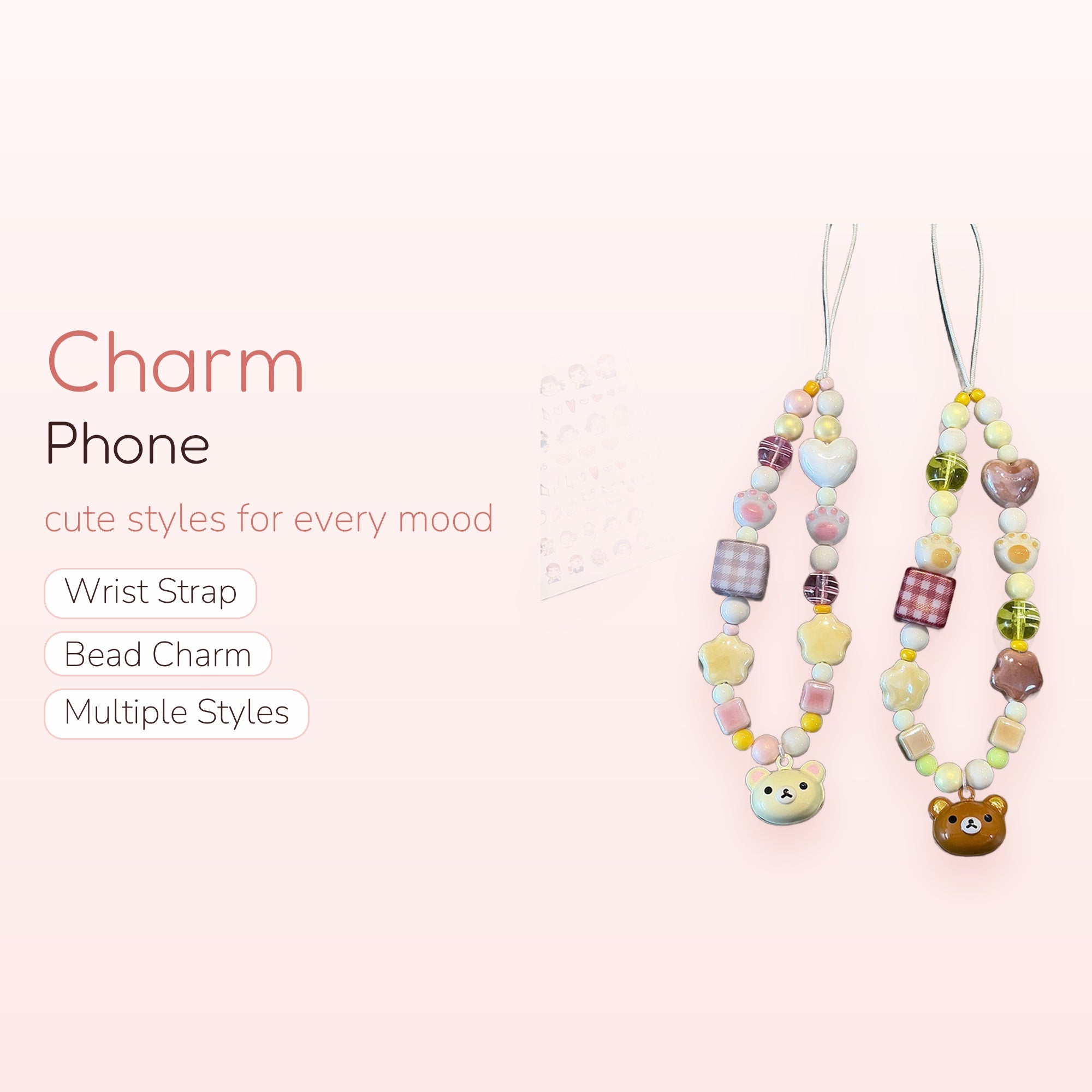 SIMPLYBUBBI — Pastel Bear & Gingham Heart Phone Strap | Kawaii Wrist Lanyard