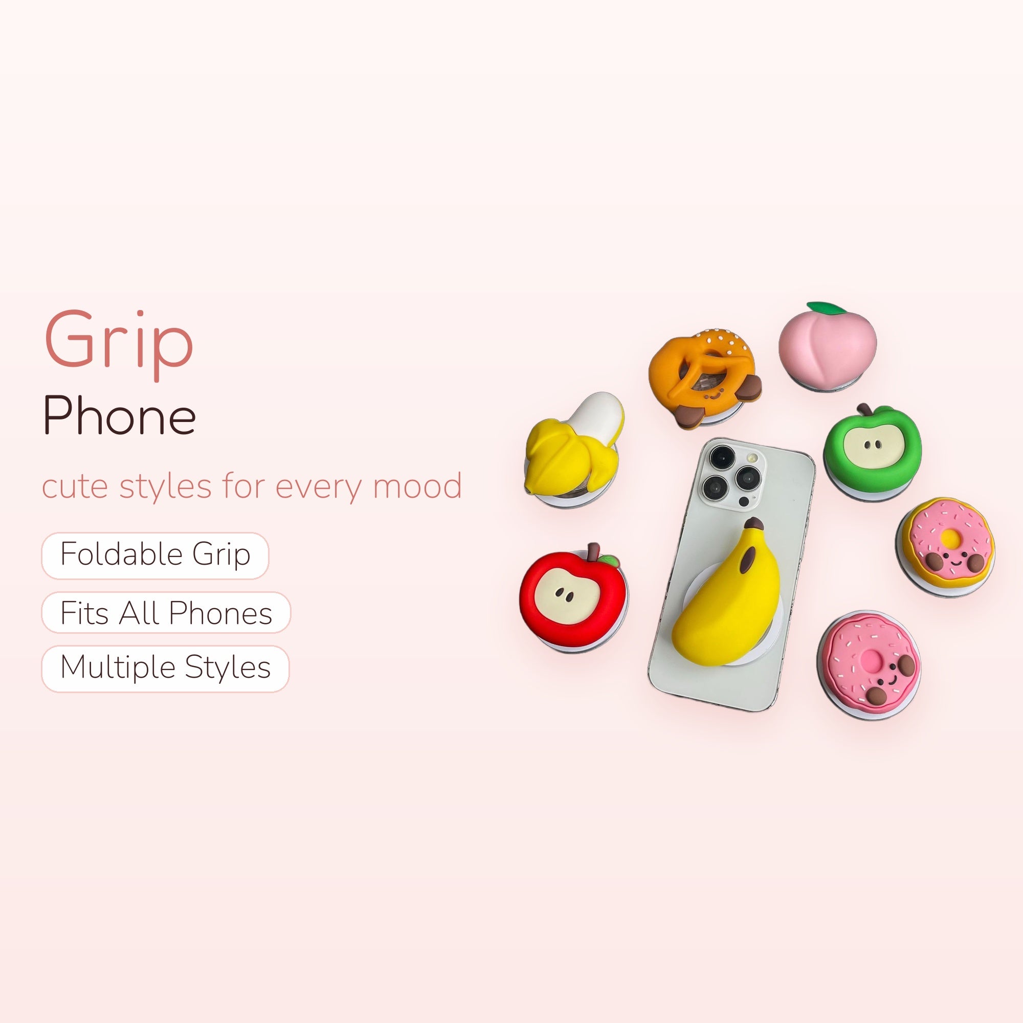 Kawaii Fruit & Snack Phone Grips | Cute Pop Socket Stand for iPhone