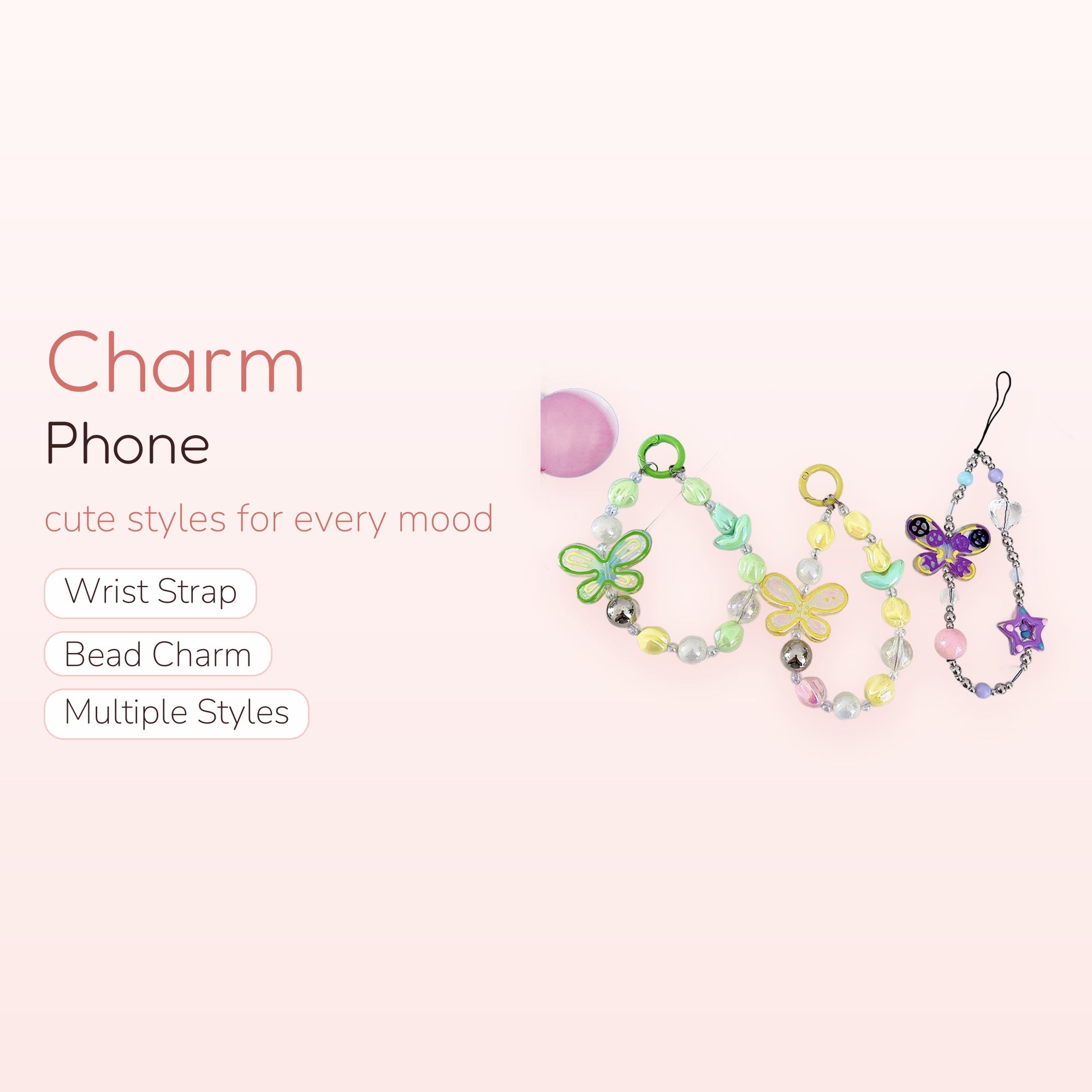 Pastel Butterfly Beaded Phone Charm | Kawaii Pearl & Acrylic Wrist Strap