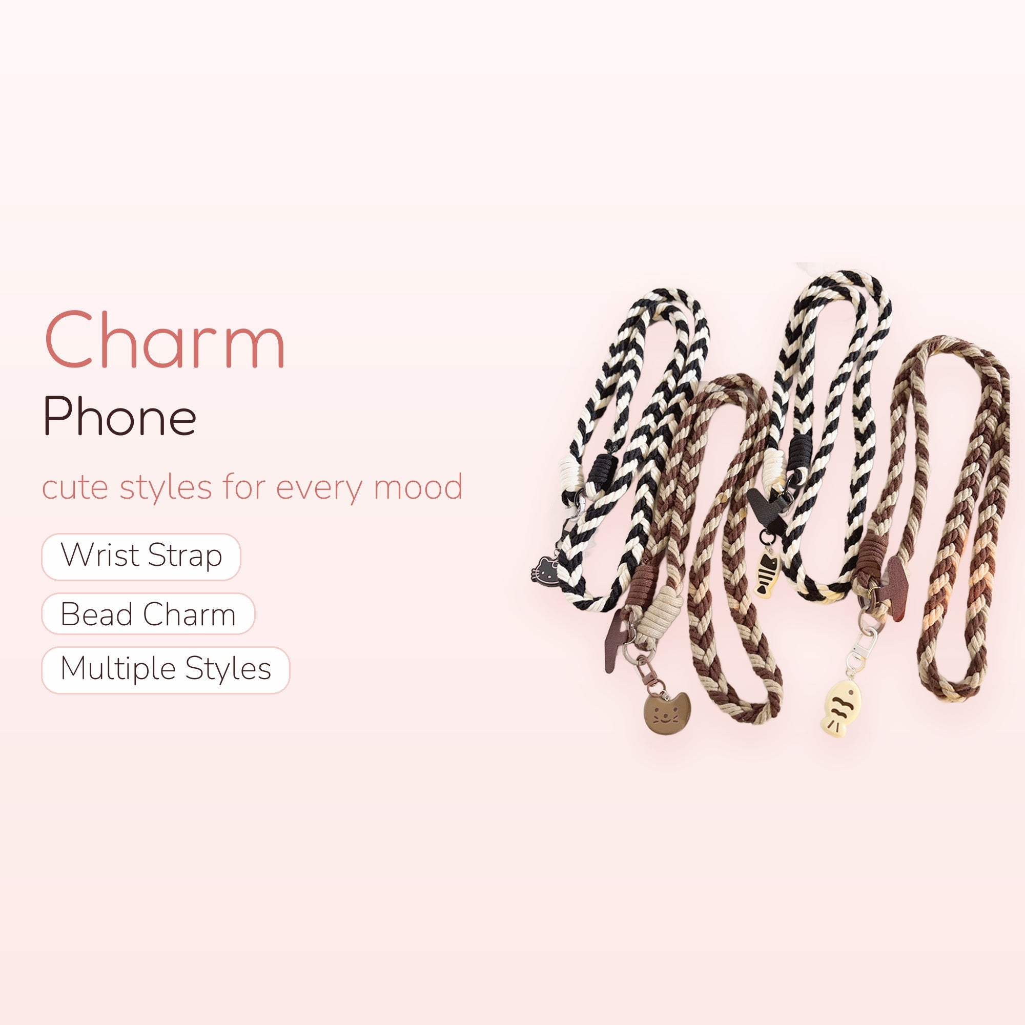 Braided Rope Phone Charm Lanyard | Cute Cat & Fish Keychain Strap