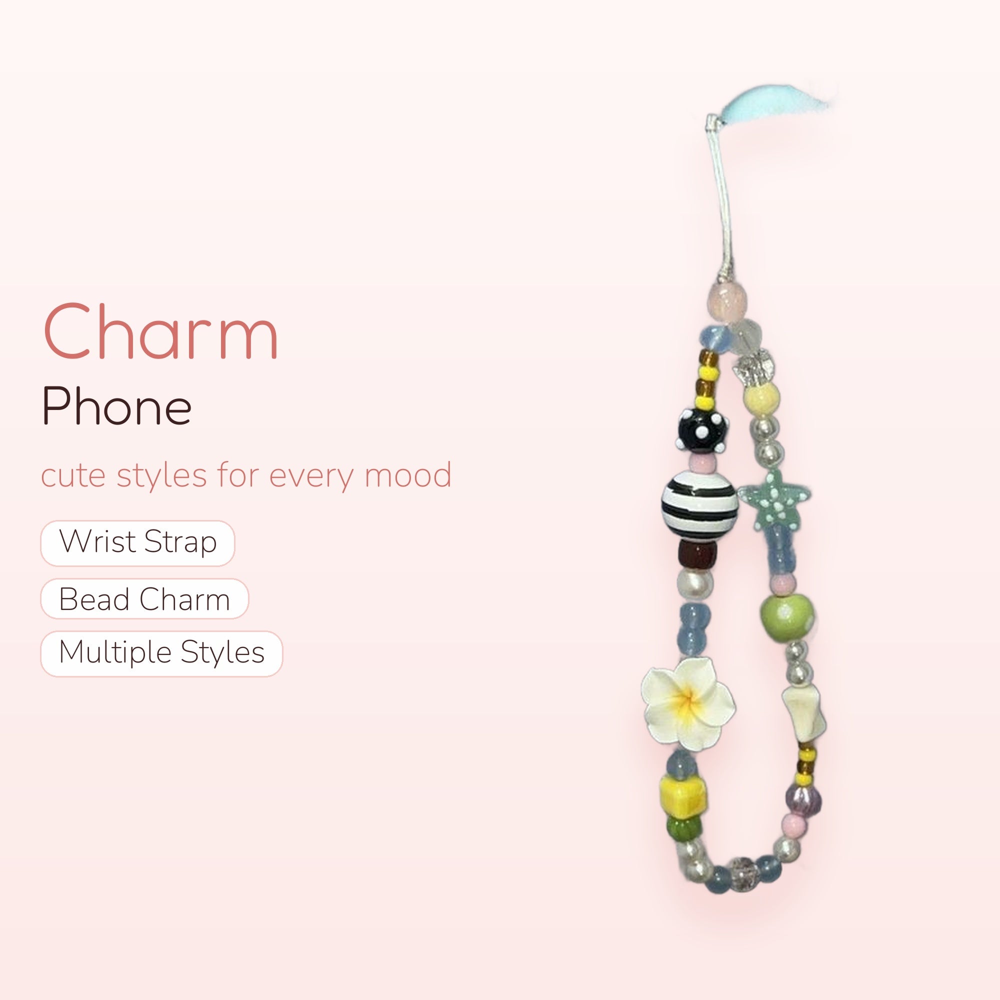 Kawaii Beaded Phone Charm Strap | Pastel Floral Star & Striped Bead Lanyard