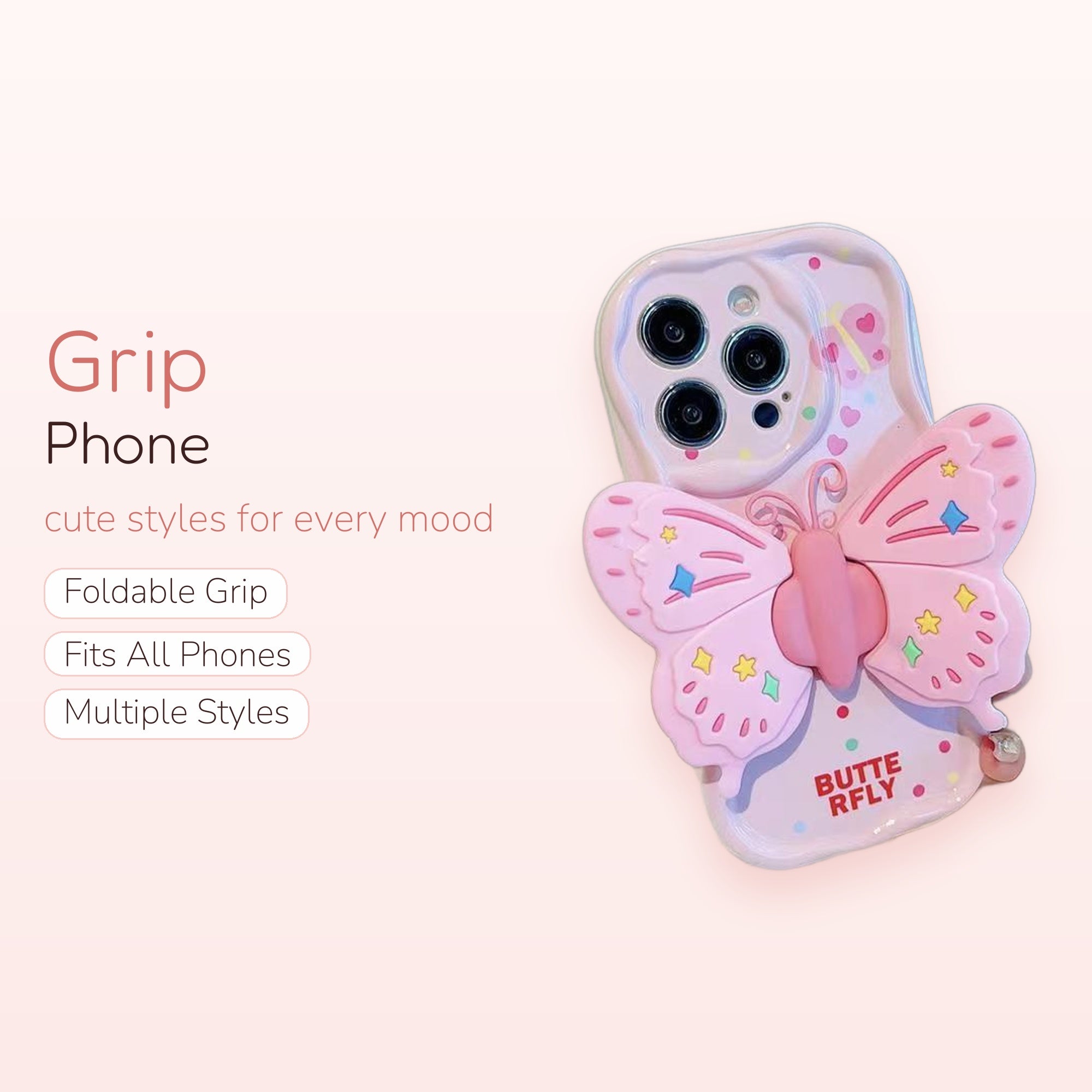 Pink Butterfly Phone Grip | Kawaii 3D Pop Socket Stand with Confetti Hearts