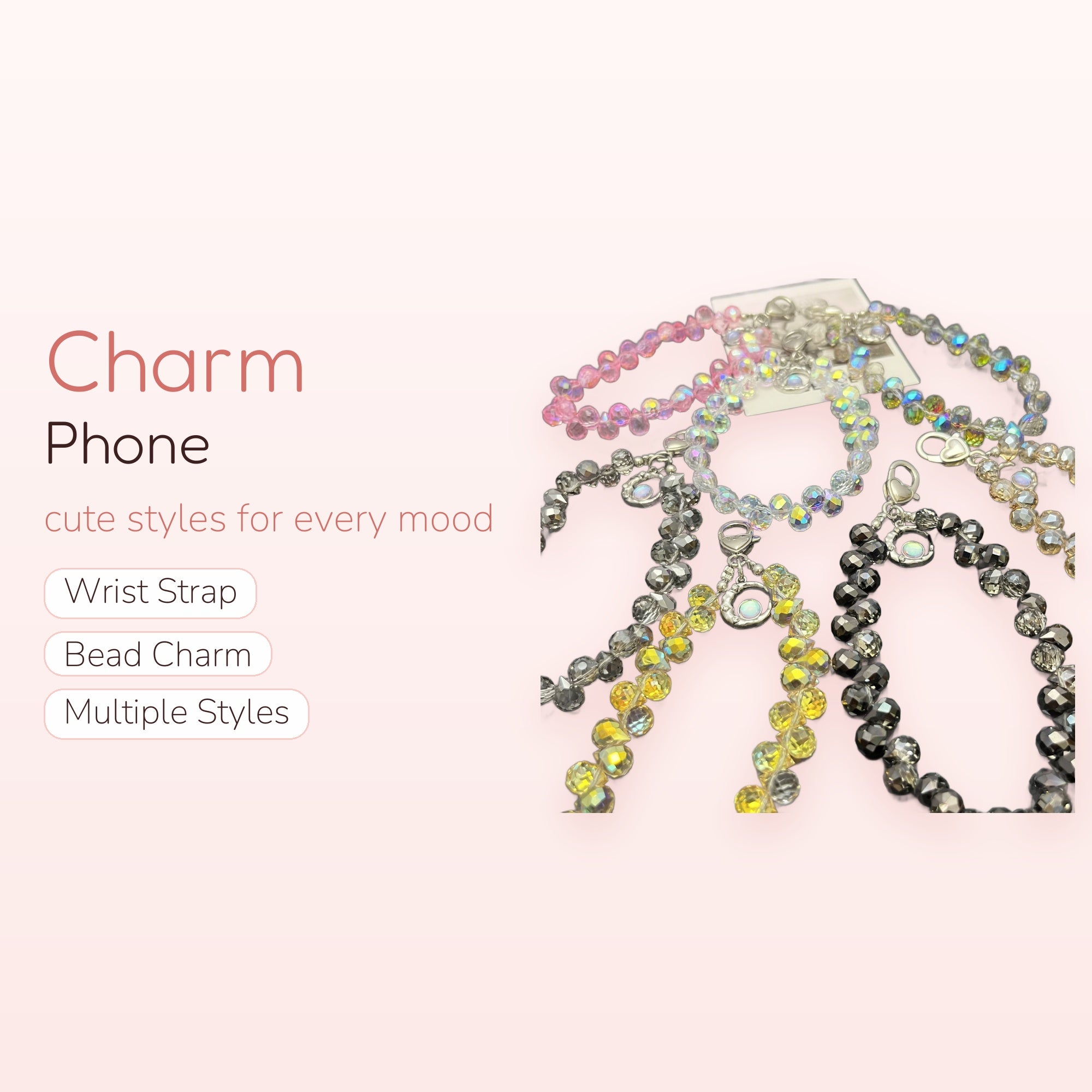 Iridescent Crystal Beaded Phone Charm Strap | Pastel Rainbow Wrist Lanyard
