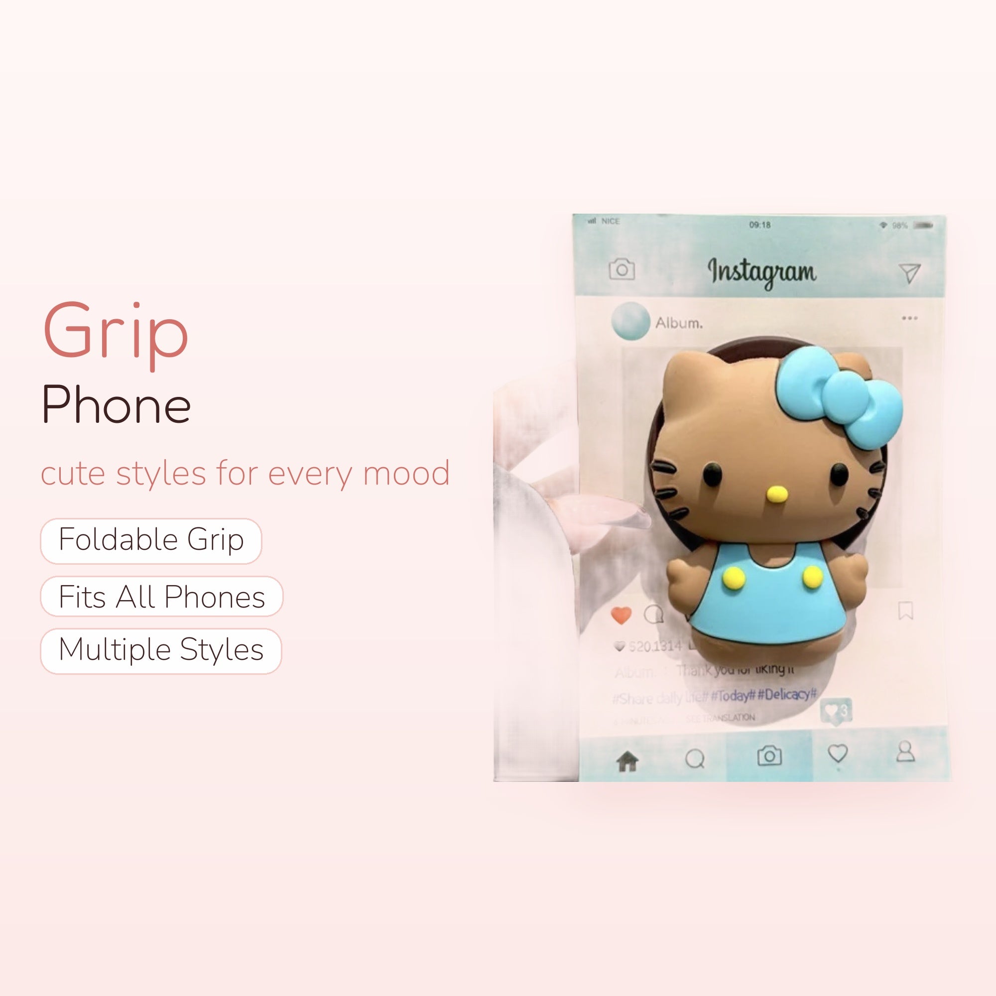 Kawaii Hello Kitty Instagram Post Phone Grip | Cute Brown Silicone Pop Socket Stand