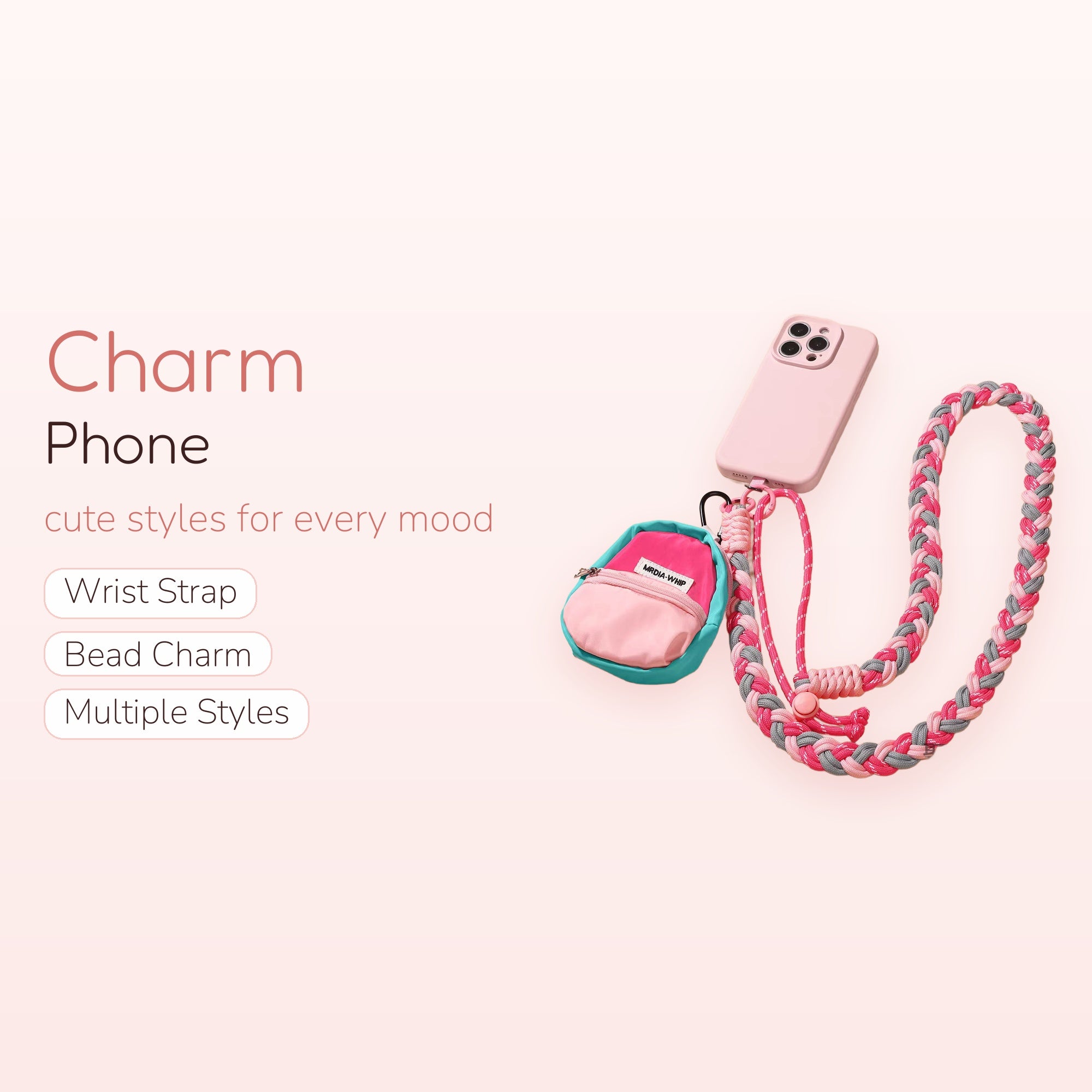 Adjustable Braided Crossbody Phone Lanyard | Pink & Gray Woven Strap with Mini Pouch