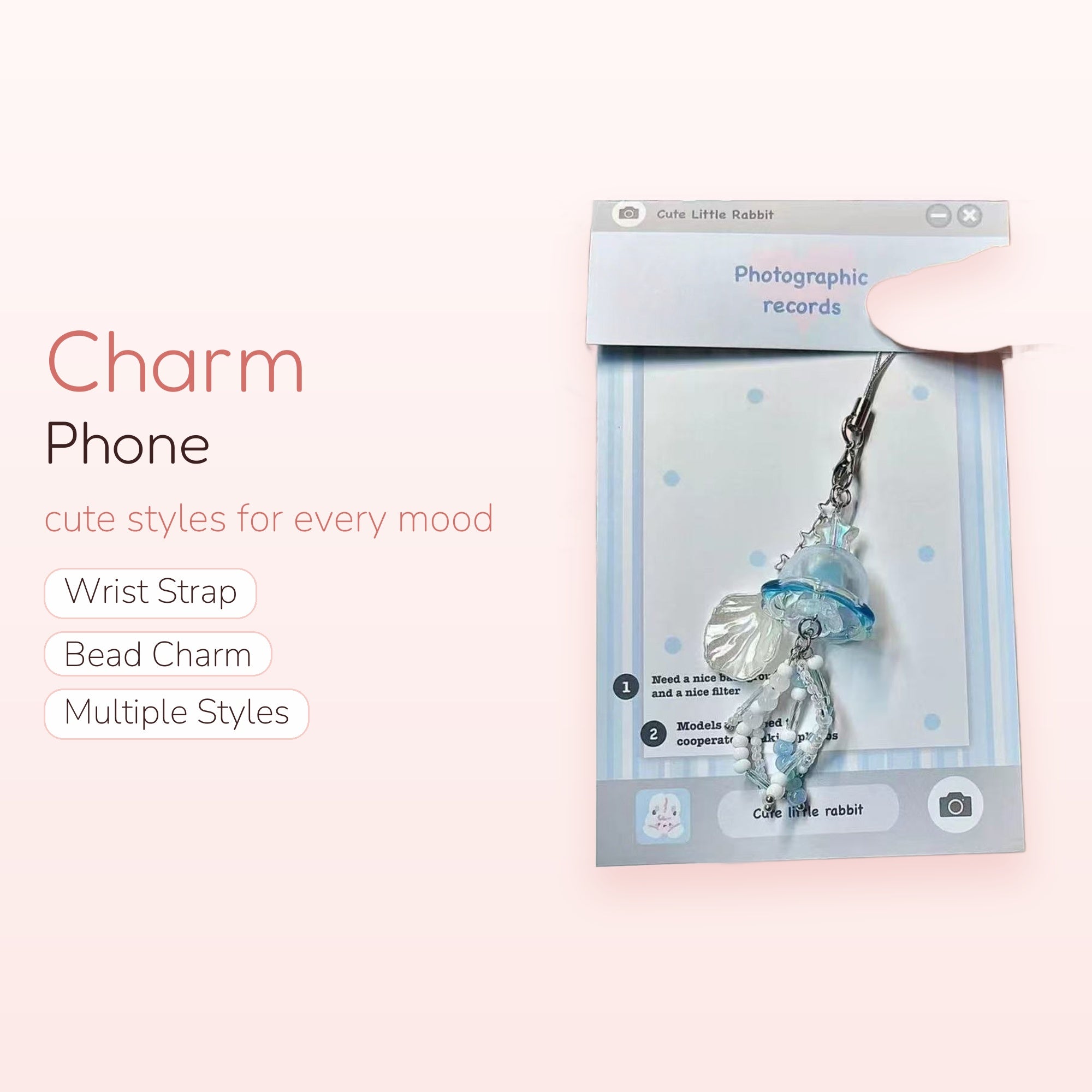 Cute Blue Jellyfish & Shell Phone Charm | Aesthetic Beaded Wrist Strap