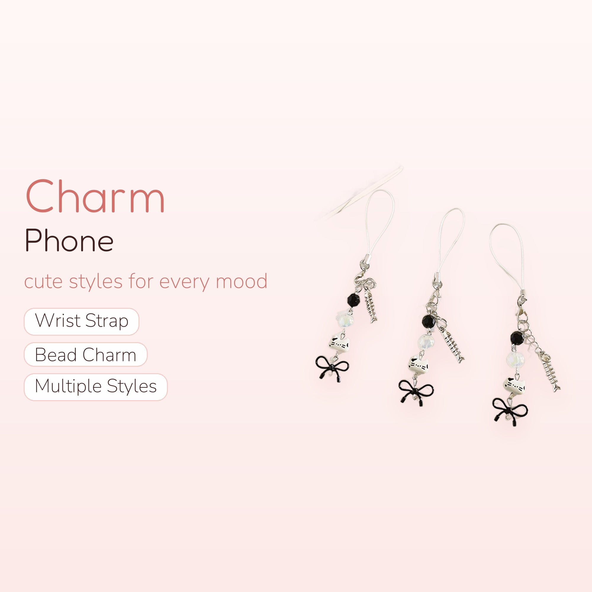 Cute Cat & Fishbone Phone Charm Strap | Black & White Beaded Wrist Lanyard