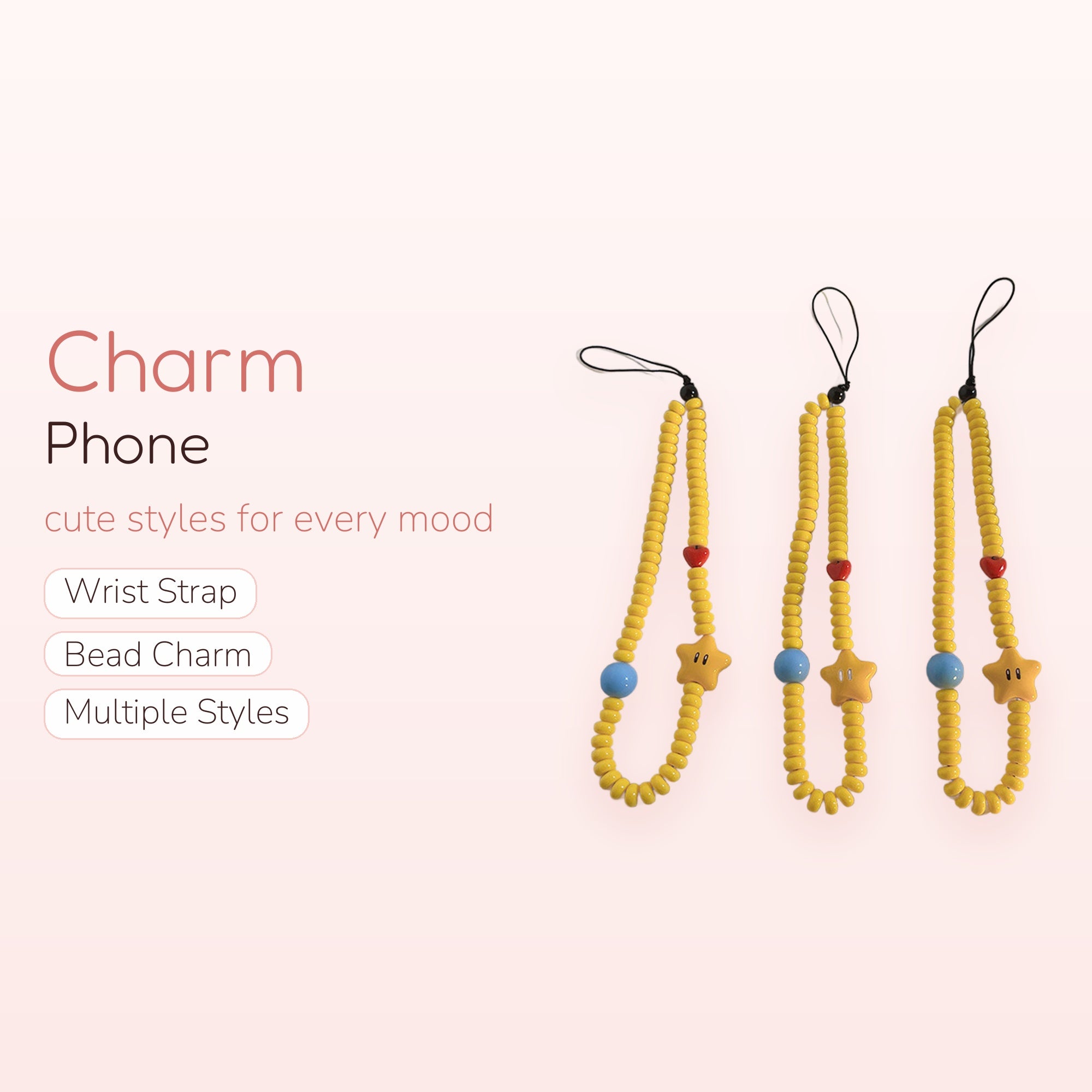 Kawaii Yellow Beaded Phone Charm | Super Mario Star & Heart Wrist Strap