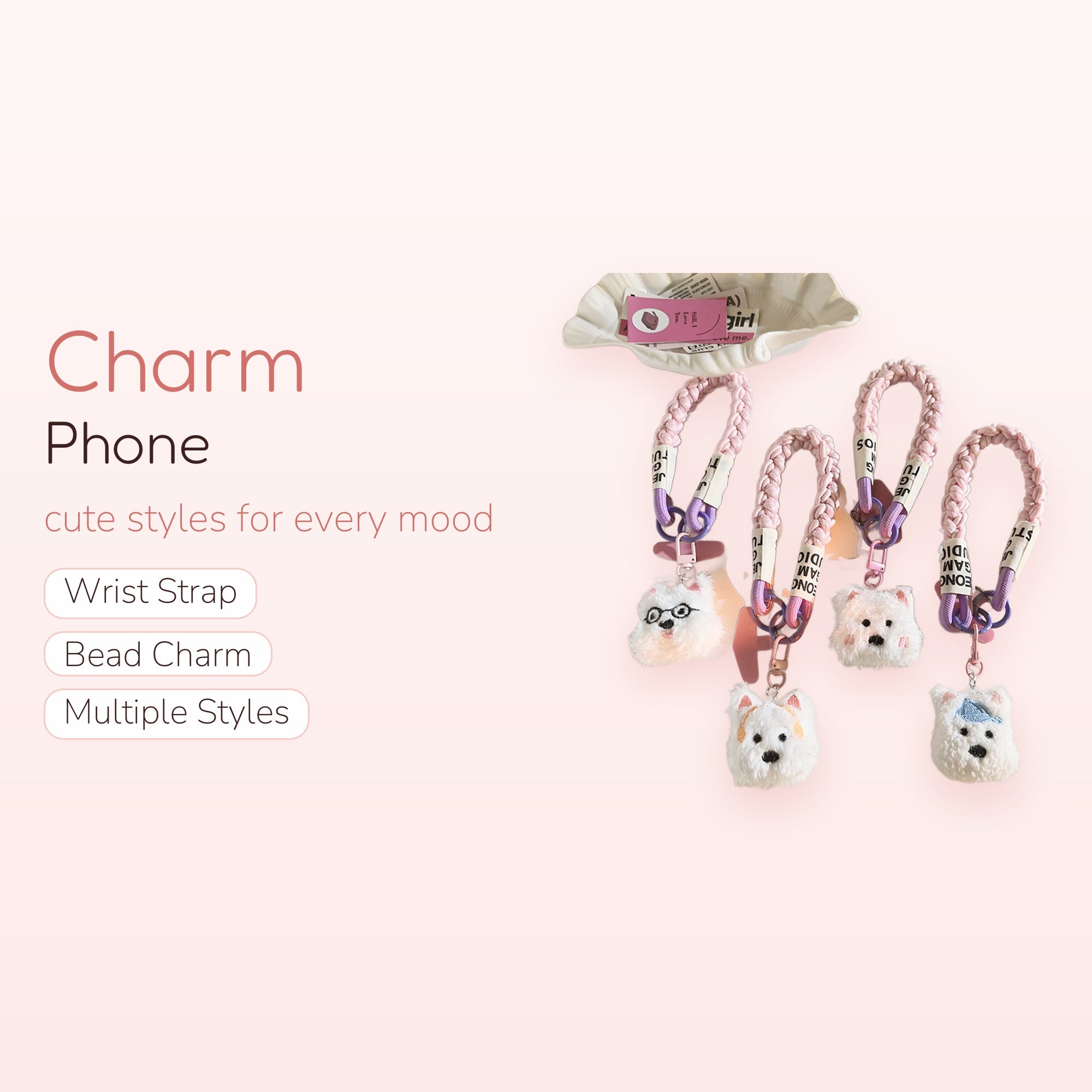 Cute Braided Strap Phone Charm | Fluffy Puppy Dog Head Wrist Lanyard