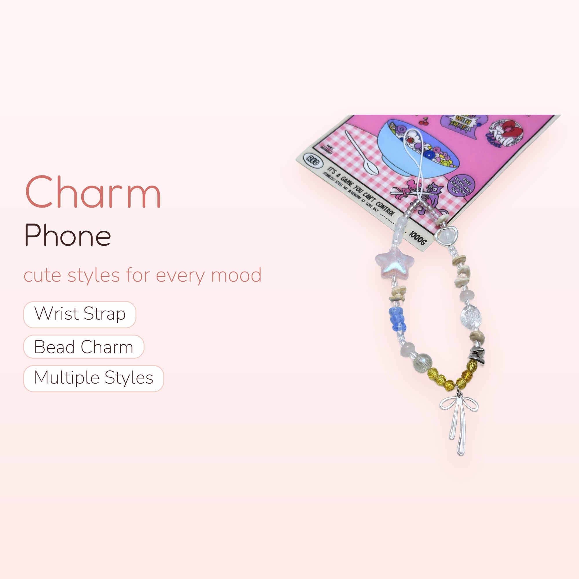 Pastel Beaded Phone Charm Strap | Cute Star & Bow Wrist Lanyard