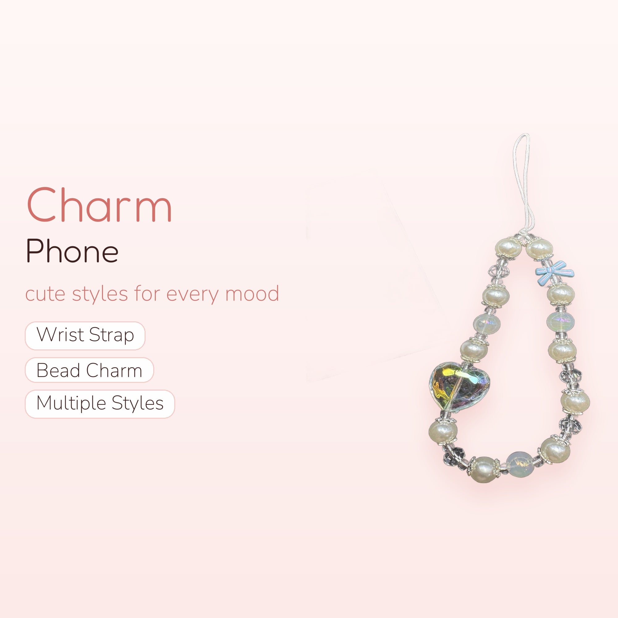Iridescent Heart & Pearl Phone Charm Strap | Aesthetic Beaded Wrist Lanyard