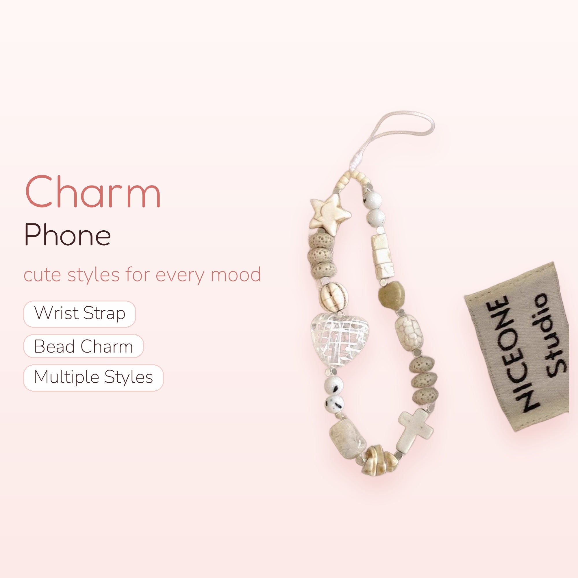 Aesthetic Neutral Beaded Phone Charm | Earthy Tone Star Heart Cross Strap