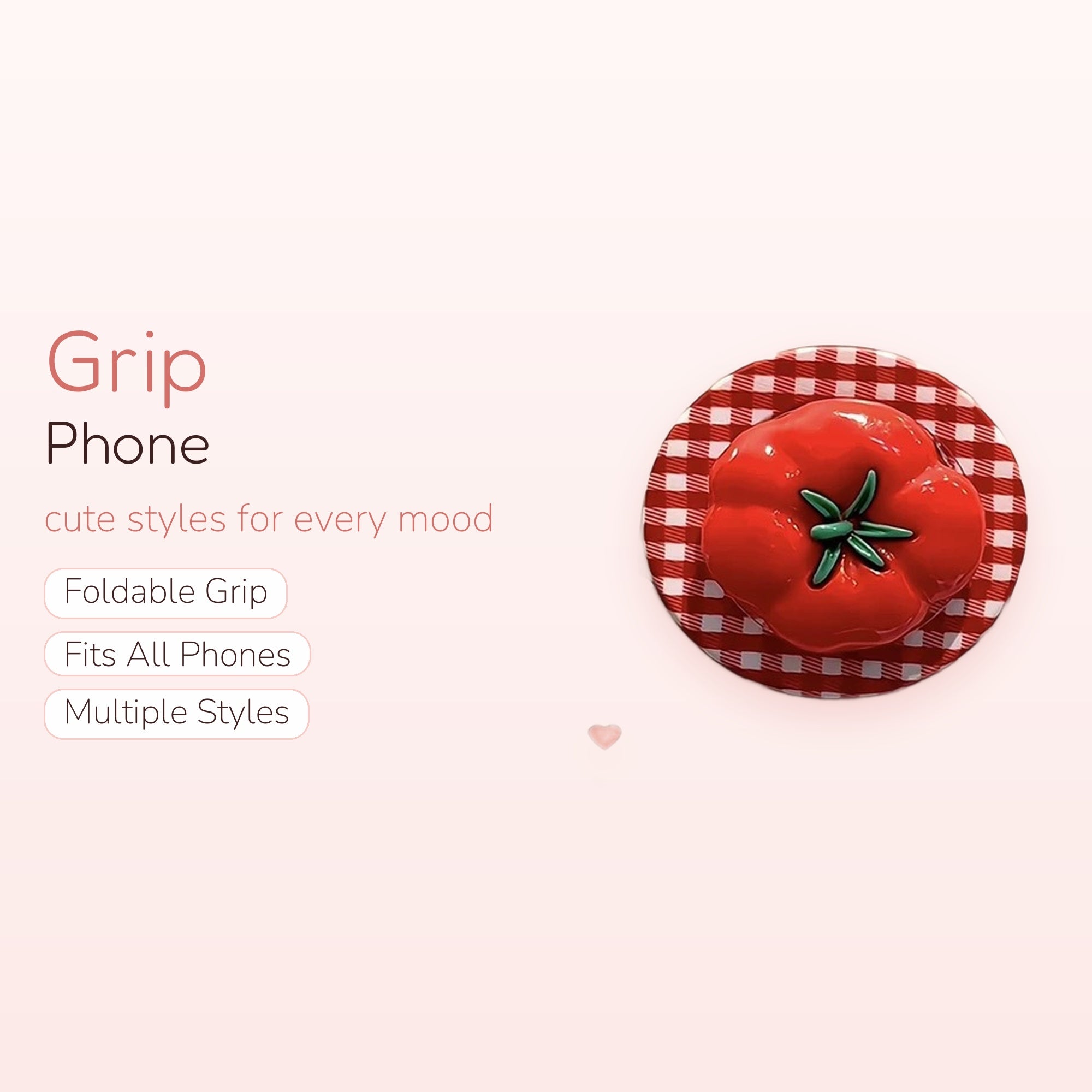 Kawaii Red Tomato Phone Grip | Aesthetic Gingham Pop Socket Stand
