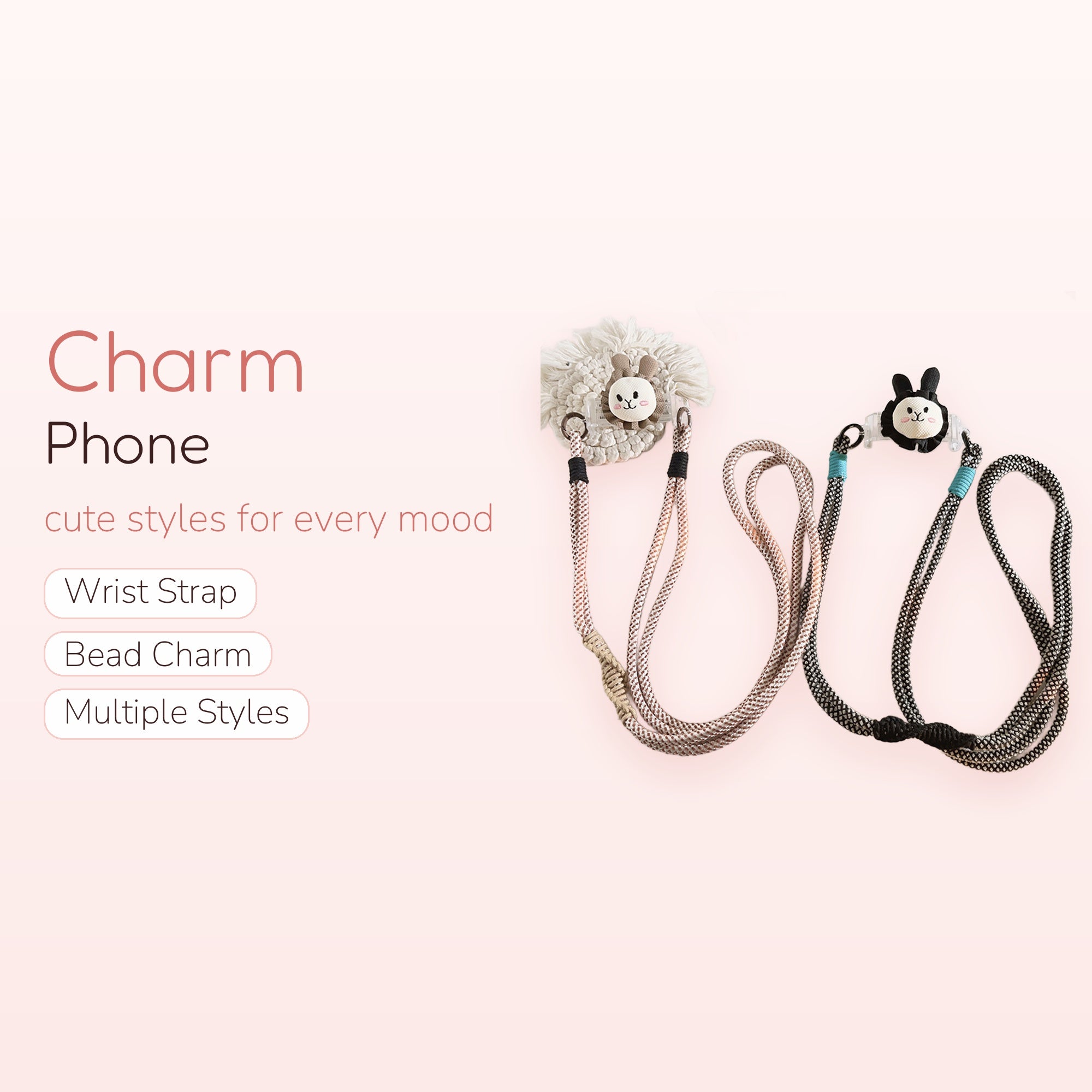 Kawaii Bunny Phone Lanyard Strap | Cute Black & White / Pink & White Crossbody