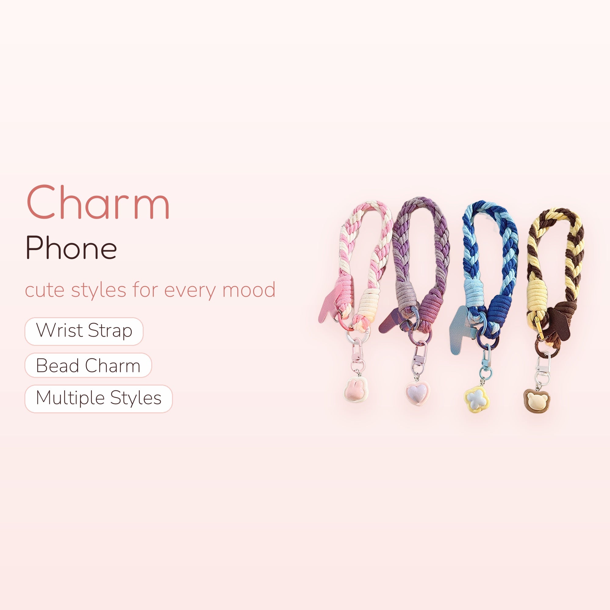 Braided Wrist Phone Charm Strap | Pastel & Earth Tone Lanyard with Cute Charms
