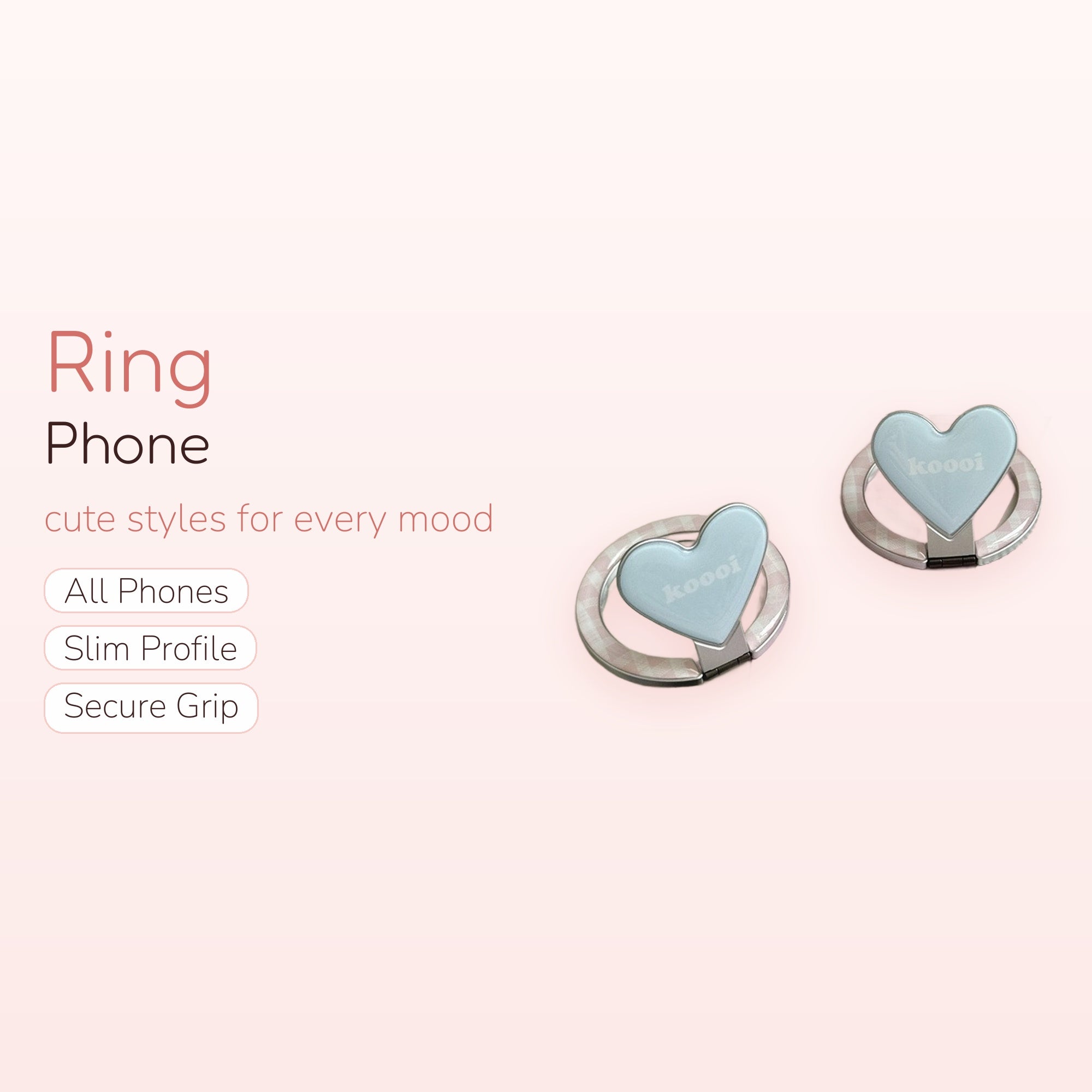 Pastel Blue Heart Phone Ring | Kawaii Gingham Finger Holder Kickstand