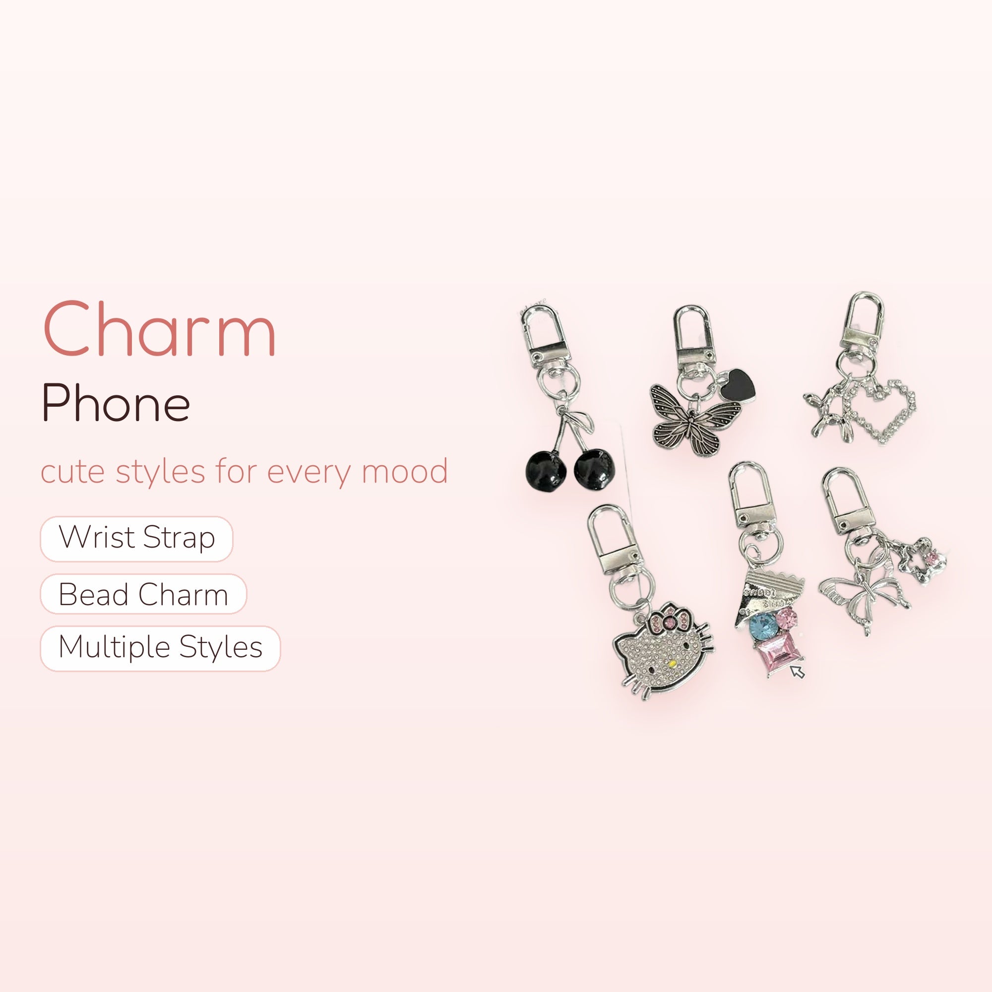 Y2K Silver Charm Phone Charm Set | Kawaii Butterfly Cherry Hello Kitty Charms