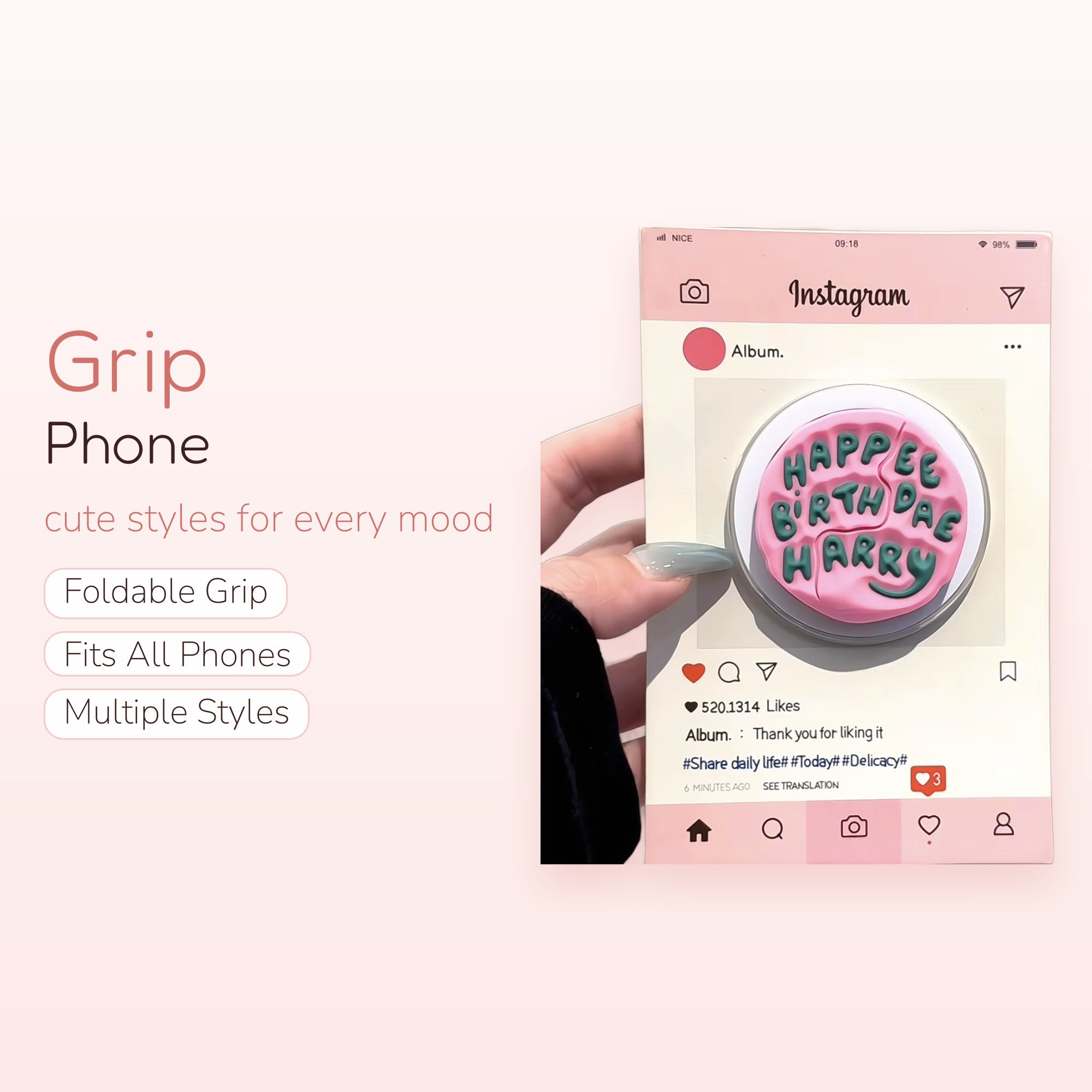 Birthday Candles — Pink Cake Phone Grip Stand