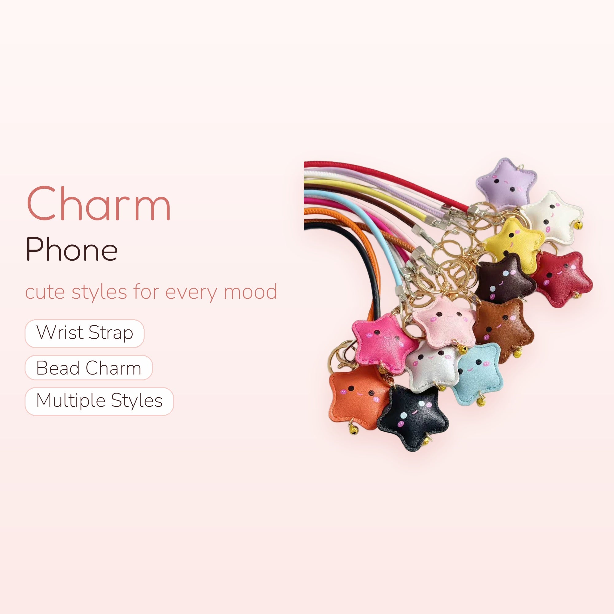 Kawaii Star Face Phone Charm Lanyard | Colorful Faux Leather Keychains with Bells