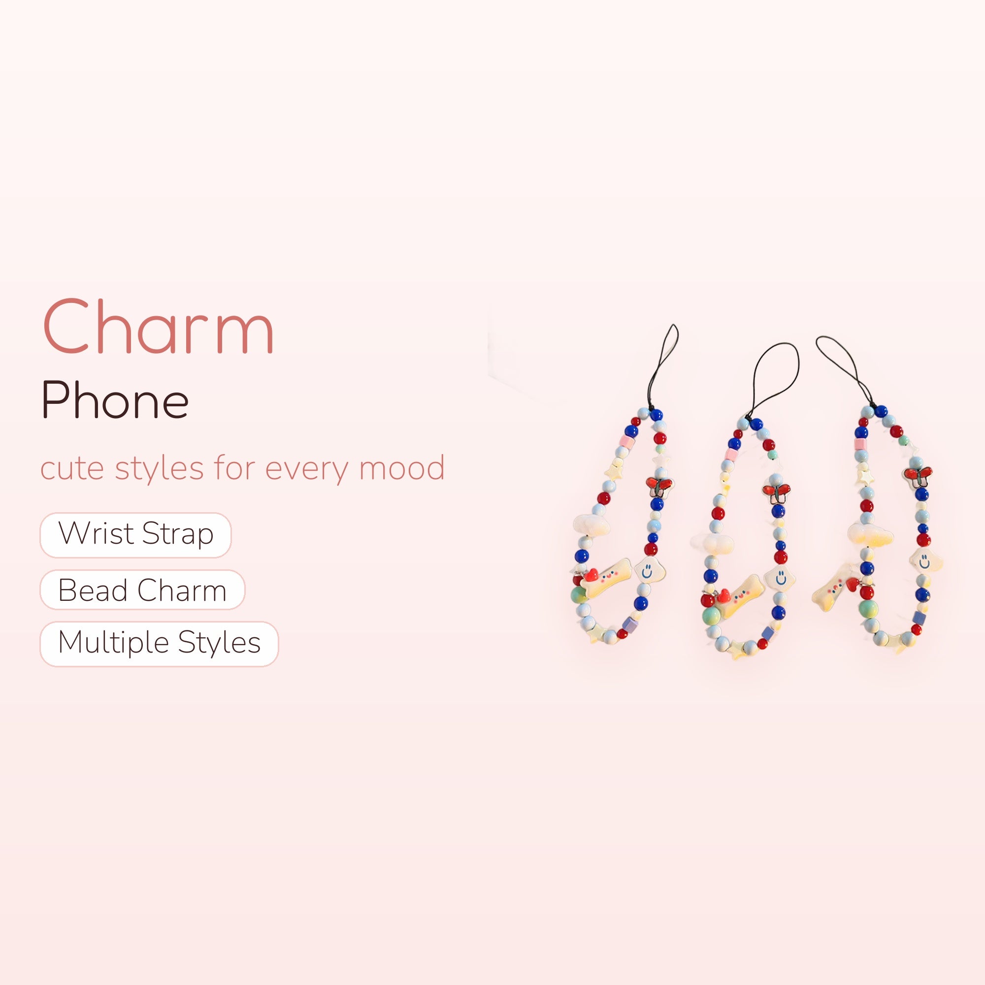 Kawaii Beaded Phone Charm Strap | Colorful Butterfly & Cloud Wrist Lanyard